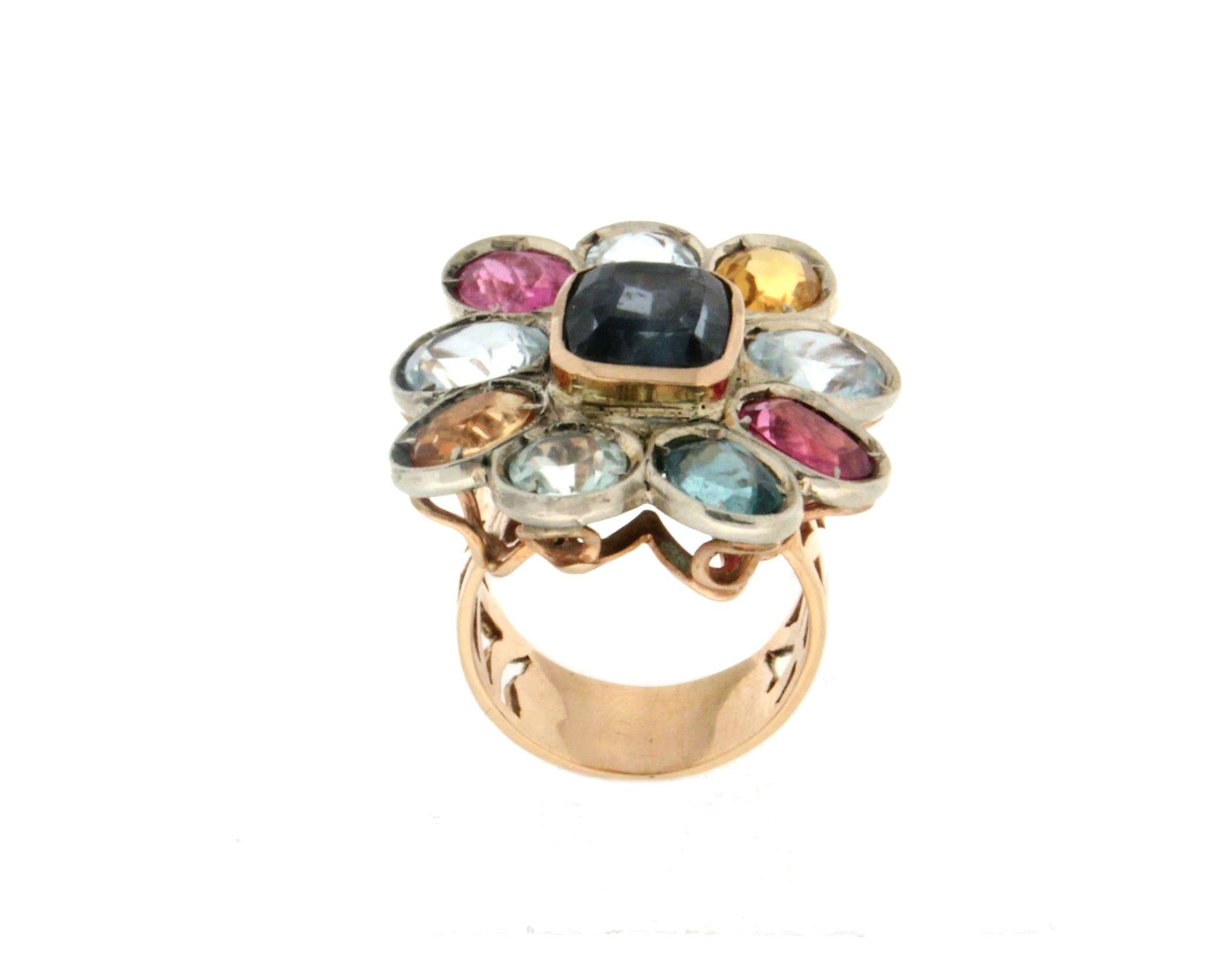 Handcraft Sapphire 14 Karat Yellow Gold Tourmaline Aquamarine Cocktail Ring In New Condition For Sale In Marcianise, IT