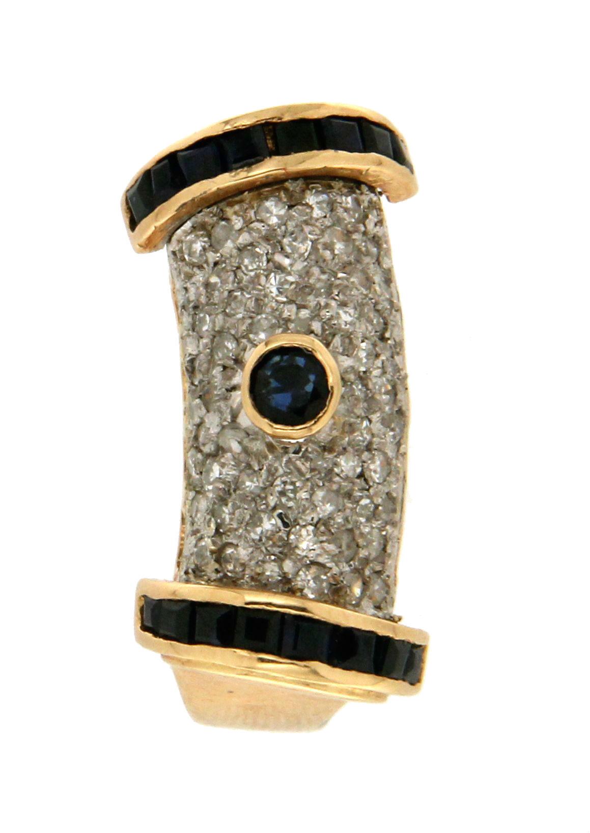 Handcraft Sapphire 18 Karat White and Yellow Gold Diamonds Cocktail Ring In New Condition For Sale In Marcianise, IT