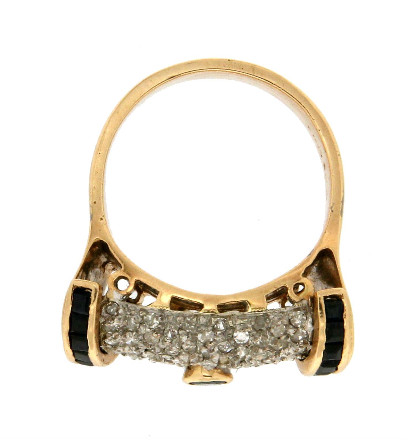 Bague de cocktail en or blanc et jaune 18 carats diamants saphir Handcraft Unisexe en vente