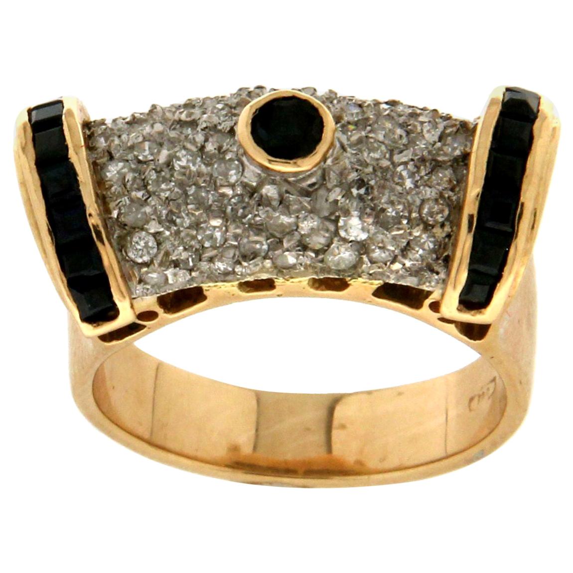 Handcraft Sapphire 18 Karat White and Yellow Gold Diamonds Cocktail Ring