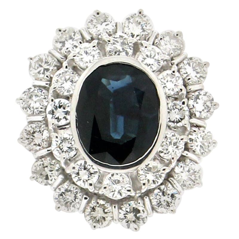 Anillo Cóctel Zafiro Artesanal Oro Blanco 18 Kilates Diamantes