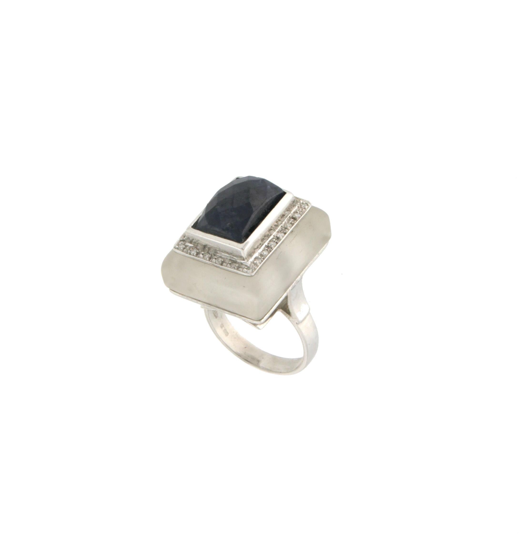 Mixed Cut Handcraft Sapphire 18 Karat White Gold Diamonds Rock Crystal Cocktail Ring For Sale