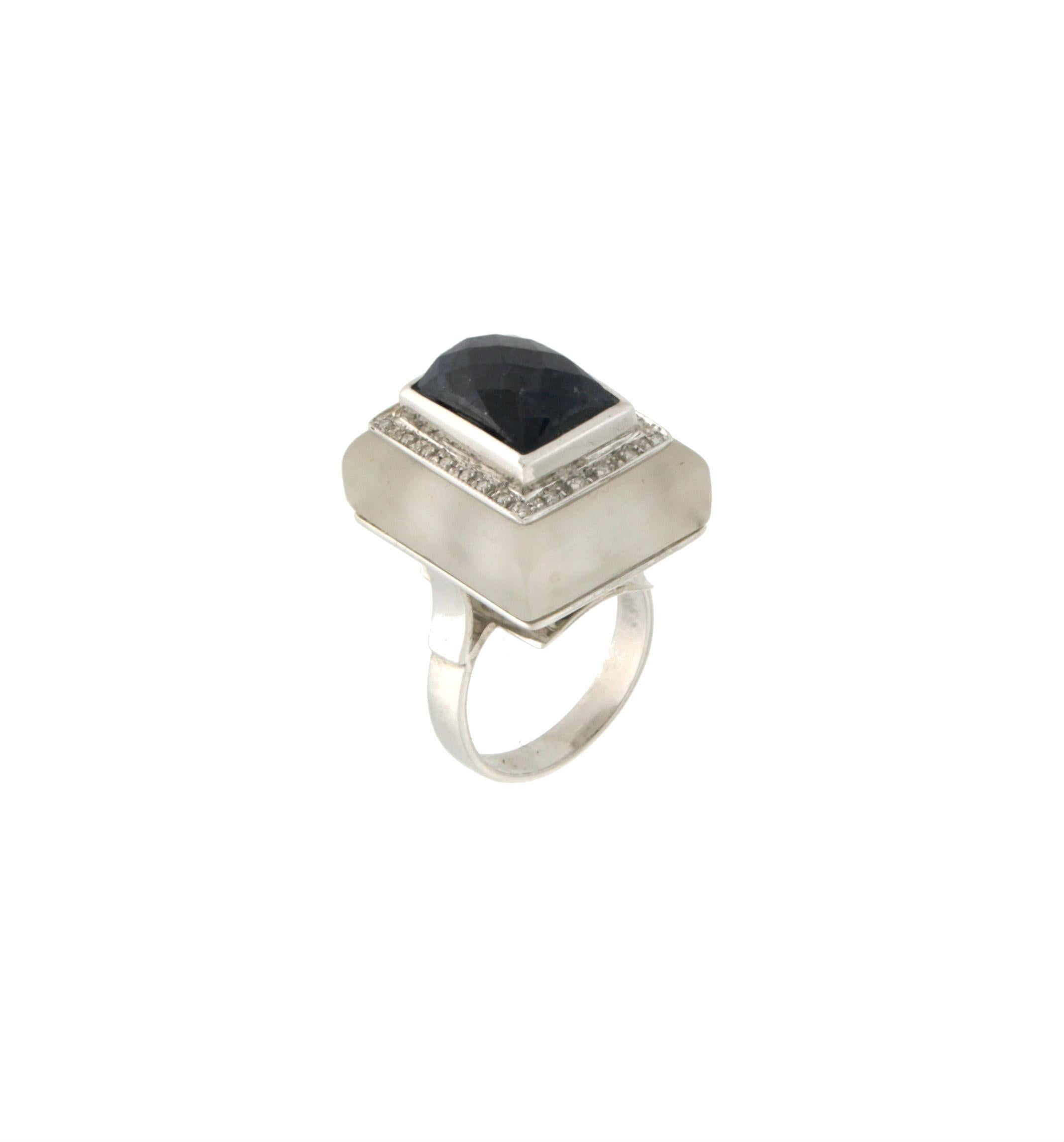 Handcraft Sapphire 18 Karat White Gold Diamonds Rock Crystal Cocktail Ring For Sale 1