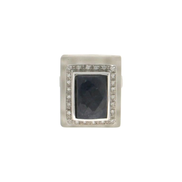 Handcraft Sapphire 18 Karat White Gold Diamonds Rock Crystal Cocktail Ring For Sale