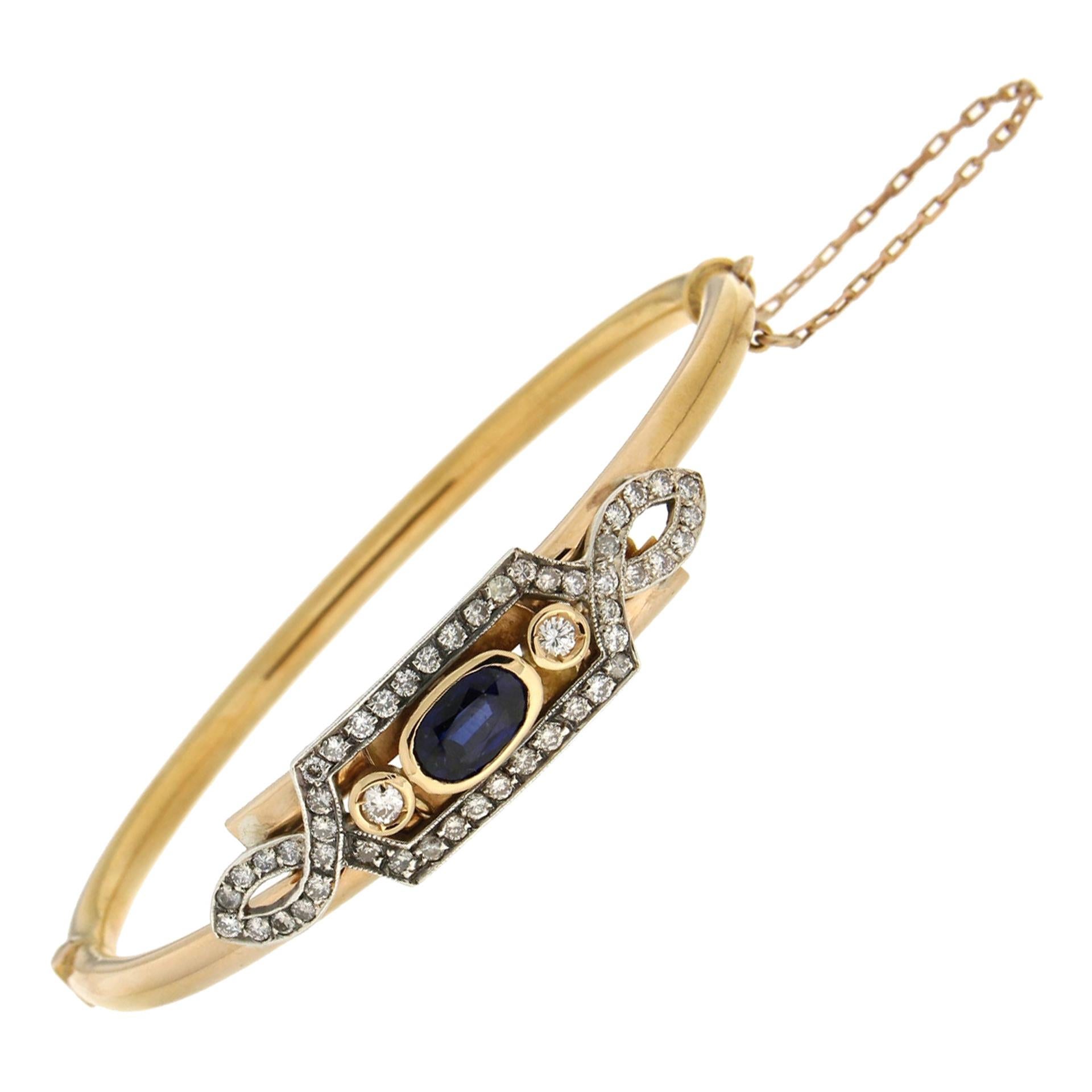 Handcraft Sapphire 18 Karat Yellow Gold Diamonds Clamper Bracelet