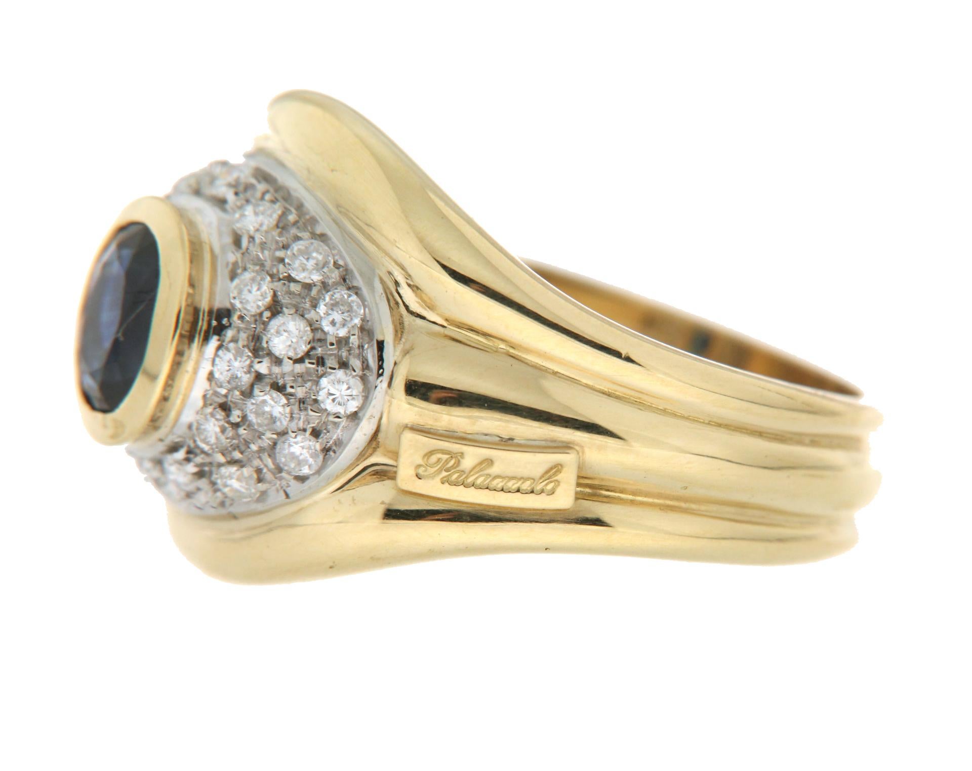 Artisan Bague cocktail artisanale en or jaune 18 carats avec saphirs et diamants en vente