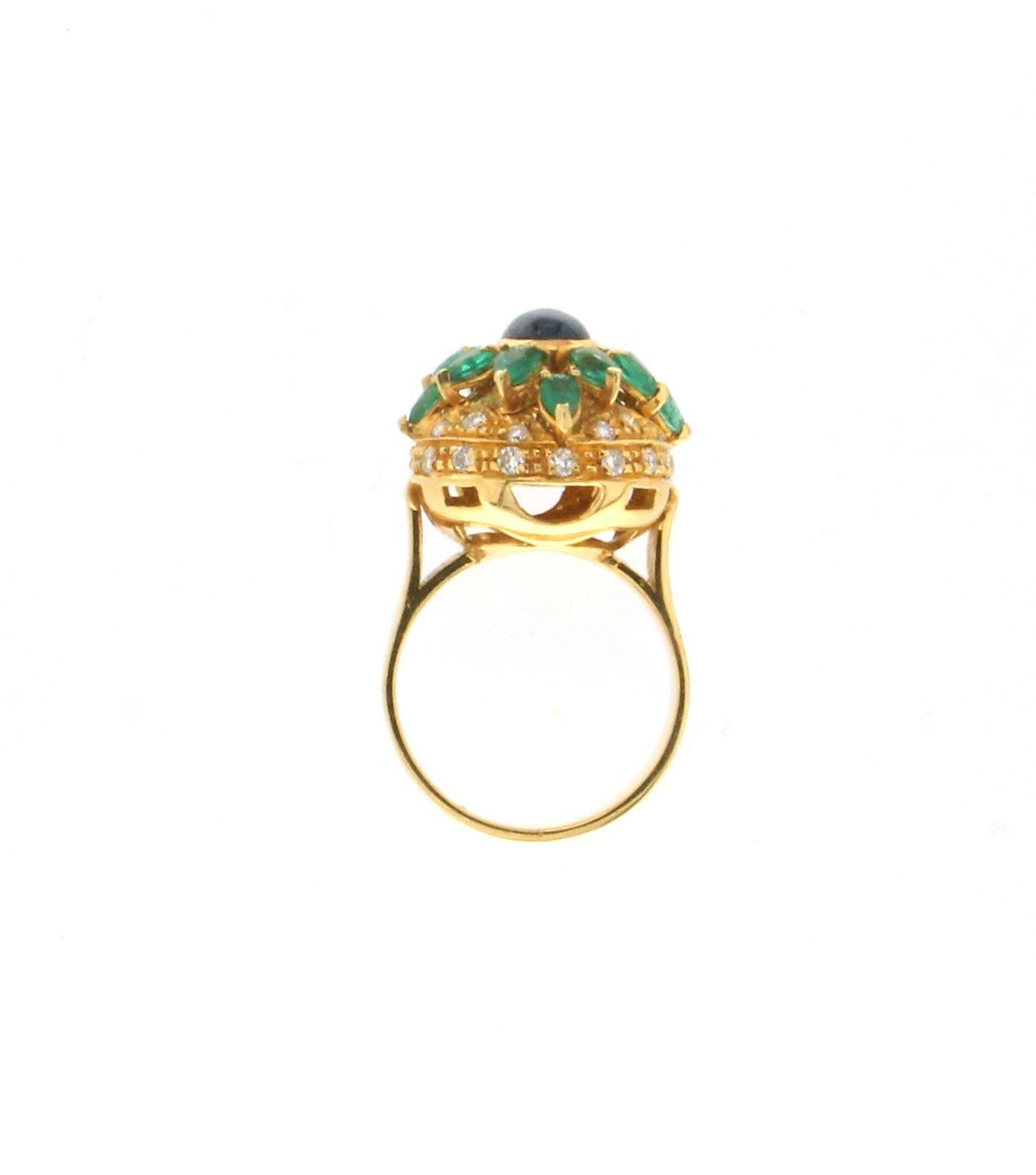 Emerald Cut Handcraft Sapphire 18 Karat Yellow Gold Emeralds Diamonds Cocktail Ring For Sale