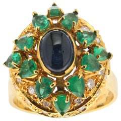 Handcraft Sapphire 18 Karat Yellow Gold Emeralds Diamonds Cocktail Ring