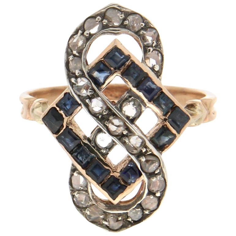 Handcraft Sapphires 14 Karat Yellow Gold Diamonds Cocktail Ring