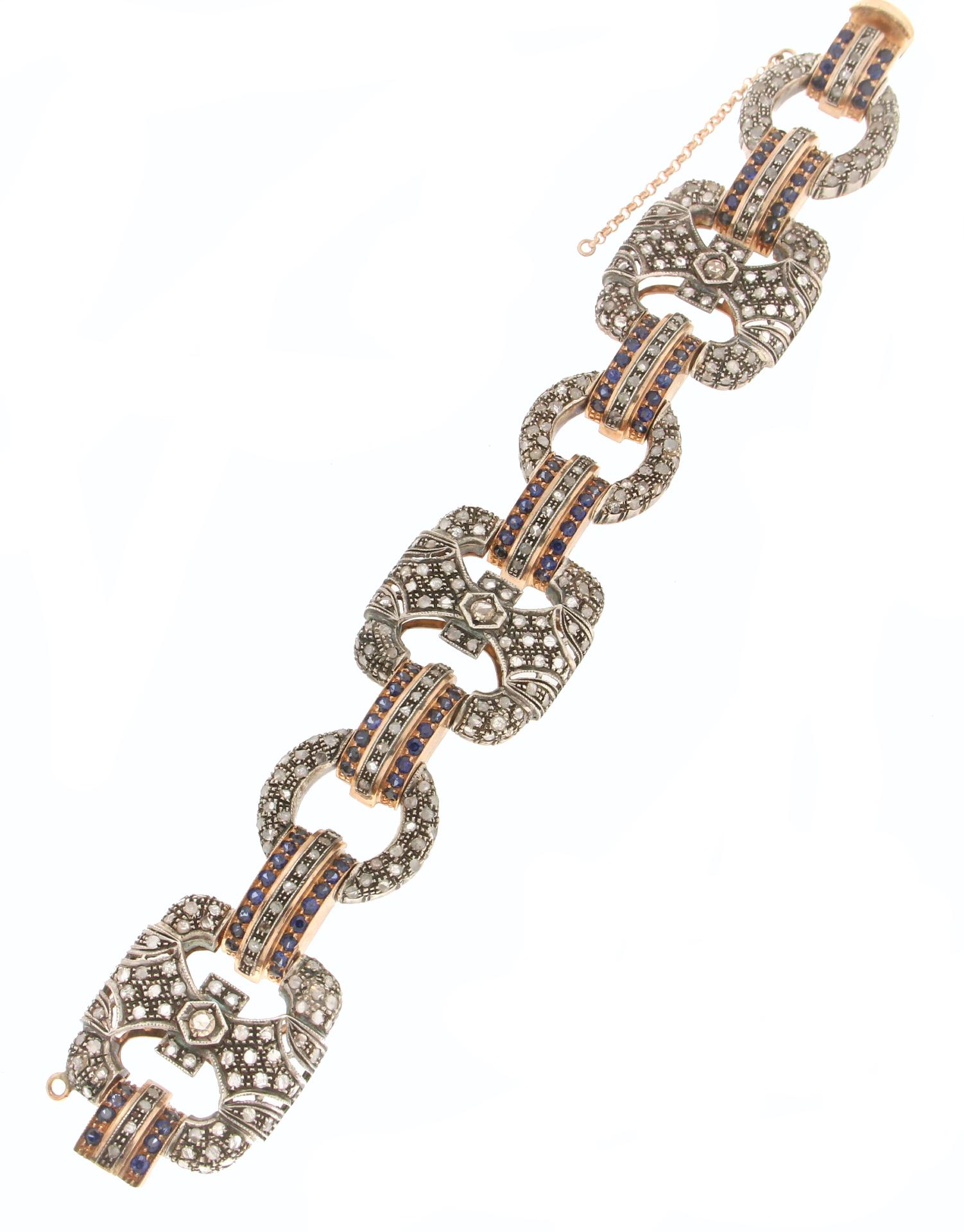 Artisan Handcraft Sapphires 14 Karat Yellow Gold Diamonds Cuff Bracelet For Sale