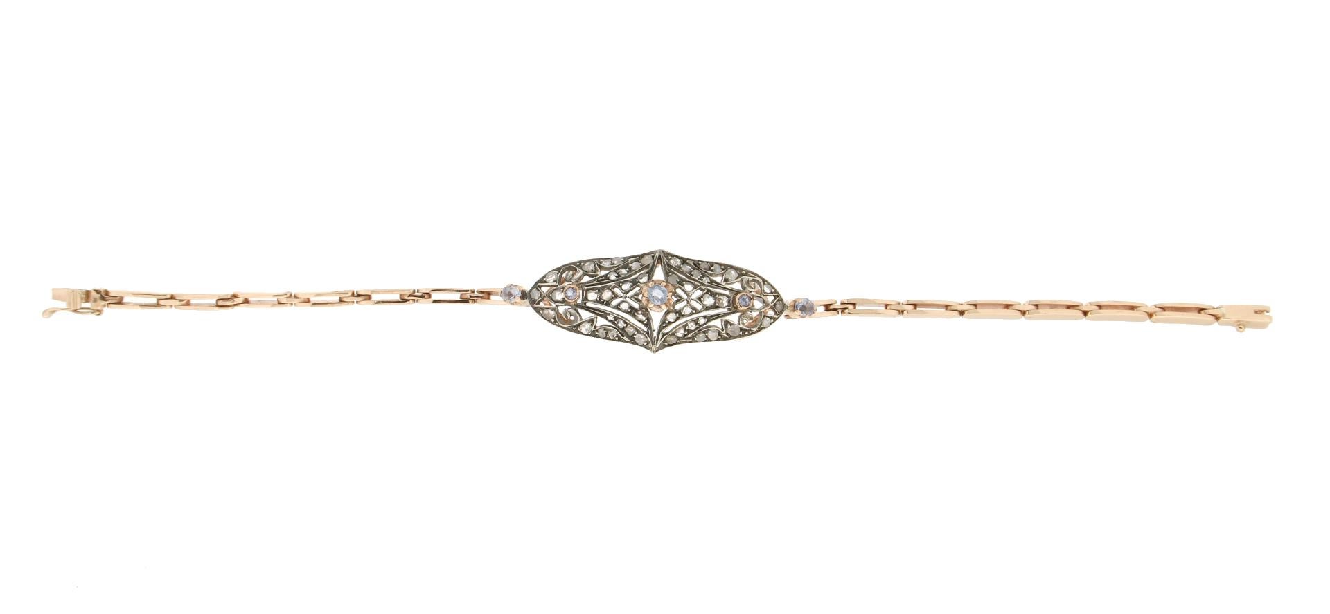 Rose Cut Handcraft Sapphires 14 Karat Yellow Gold Diamonds Cuff Bracelet For Sale