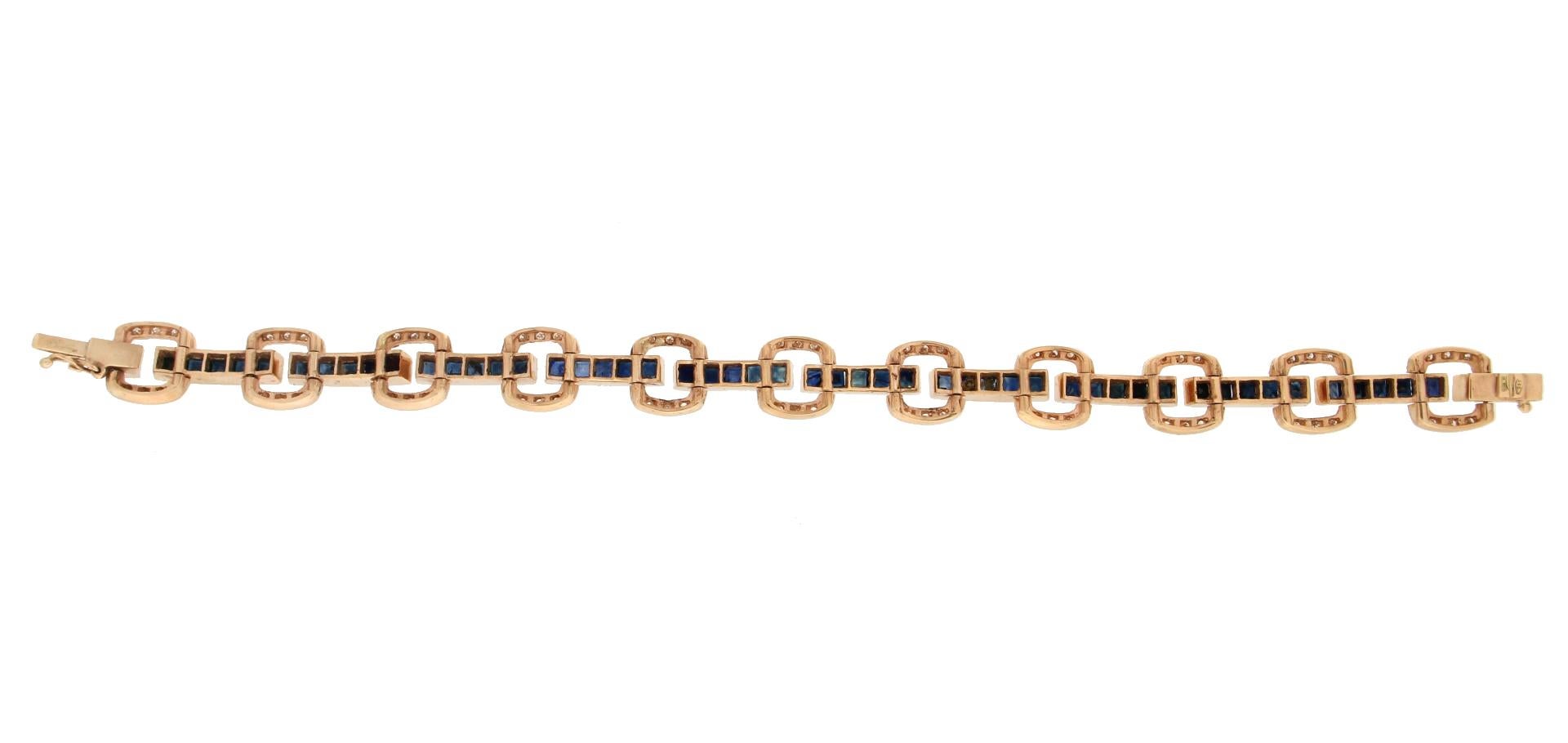 Handcraft Sapphires 14 Karat Yellow Gold Diamonds Cuff Bracelet In New Condition For Sale In Marcianise, IT