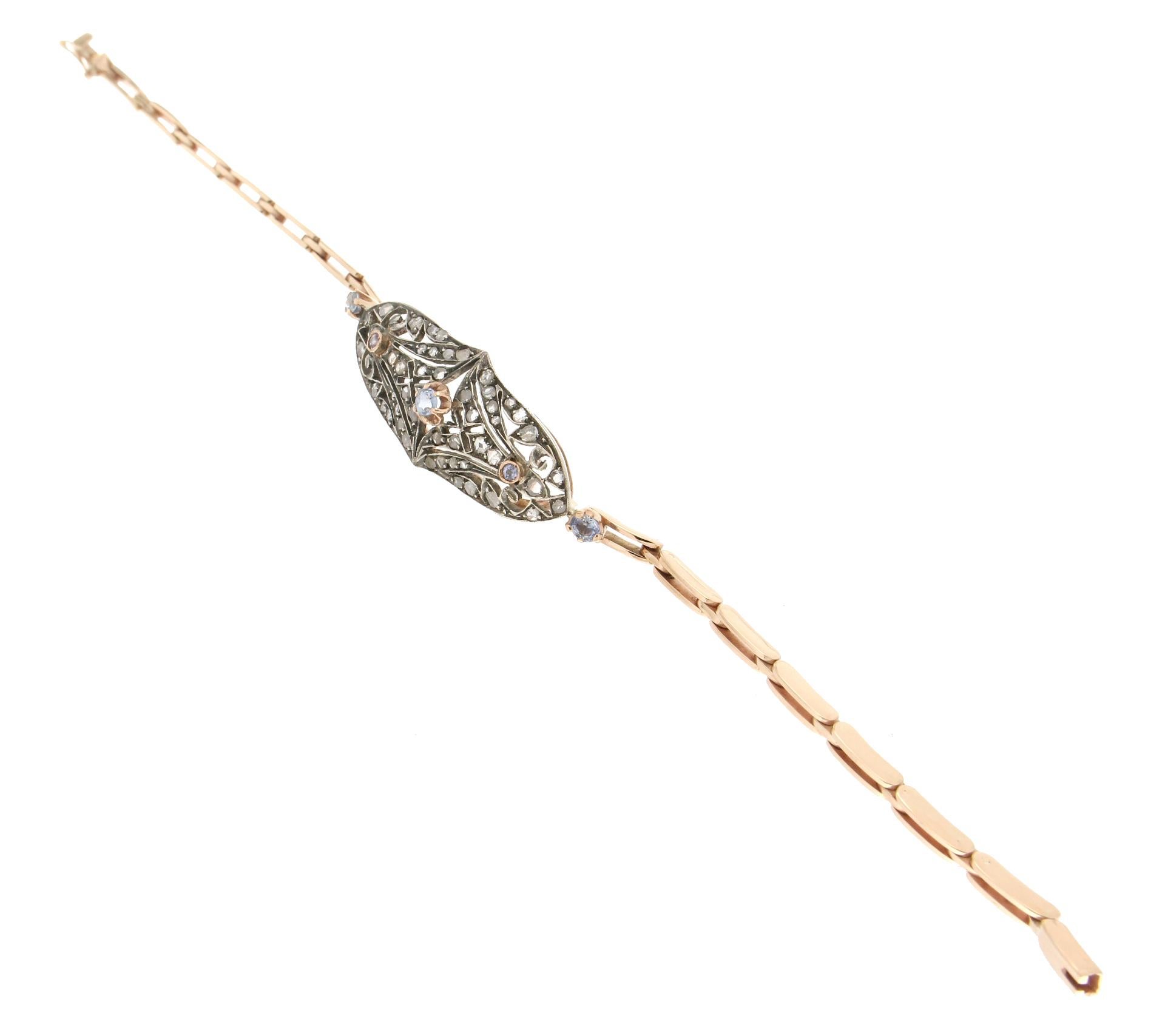Women's or Men's Handcraft Sapphires 14 Karat Yellow Gold Diamonds Cuff Bracelet For Sale