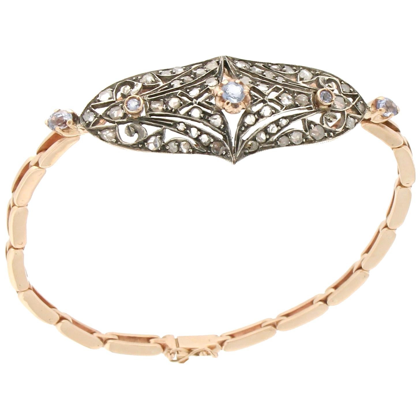 Bracelet manchette artisanal en or jaune 14 carats avec saphirs et diamants