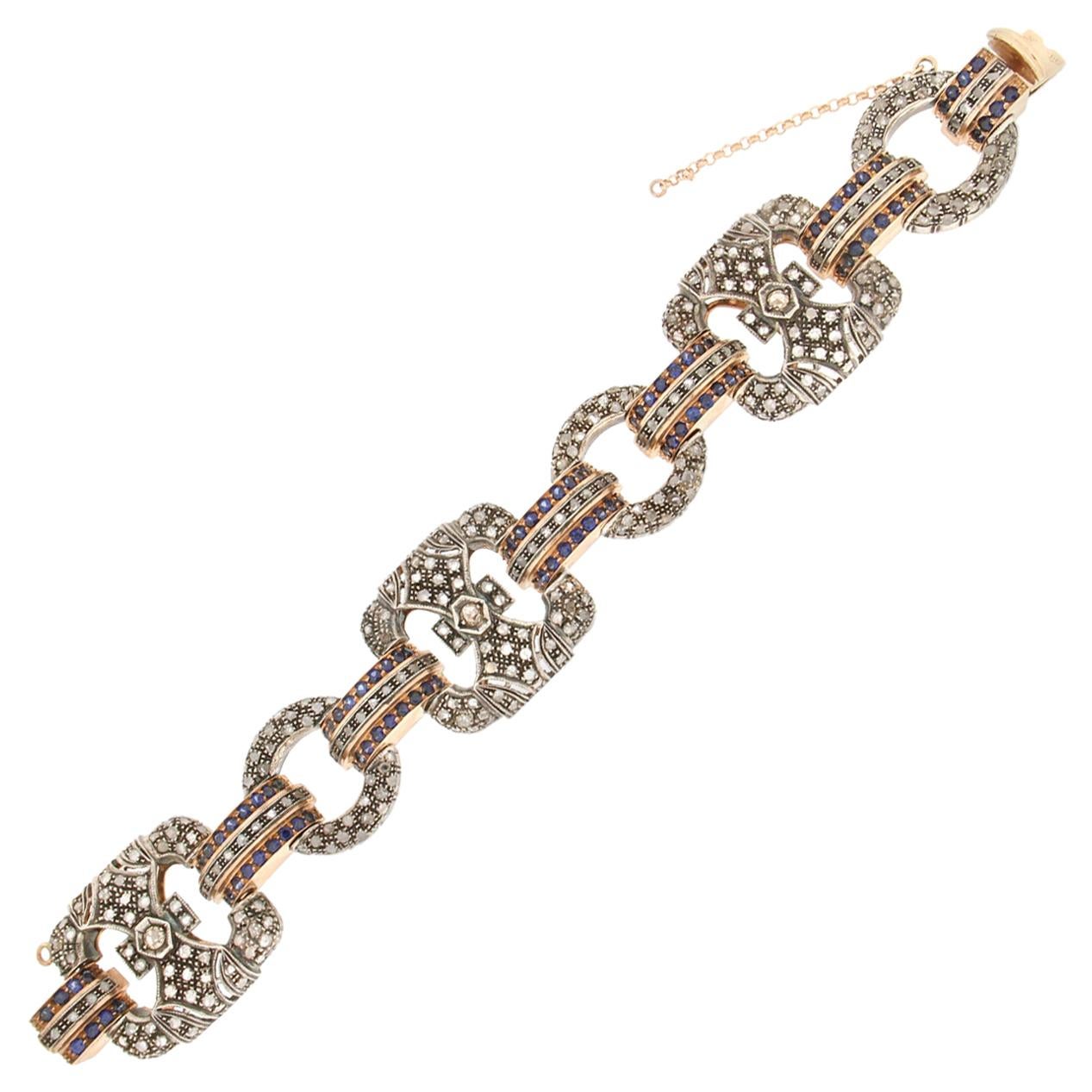Bracelet manchette artisanal en or jaune 14 carats avec saphirs et diamants