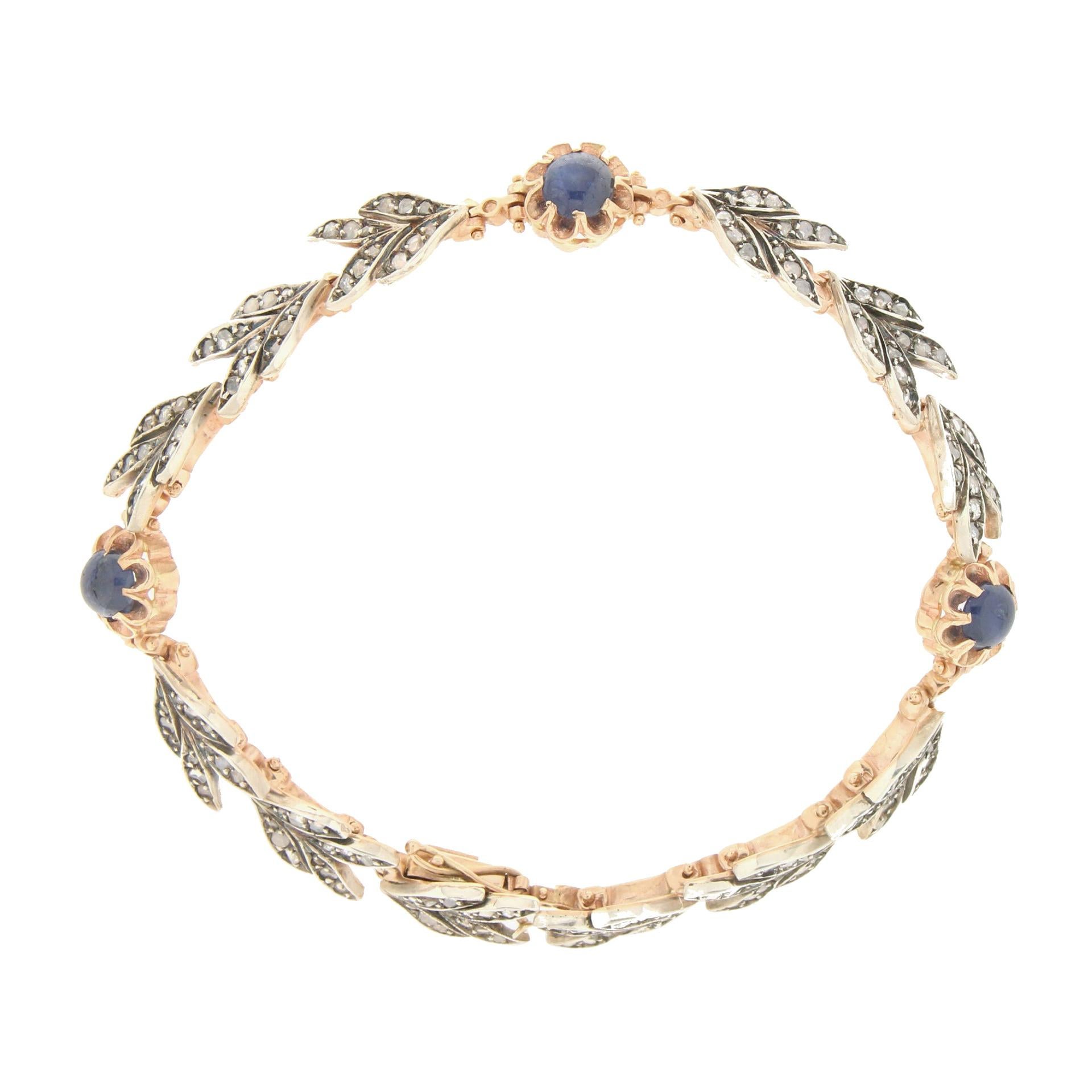 Bracelet manchette en or jaune 14 carats avec diamants et saphirs Handcraft