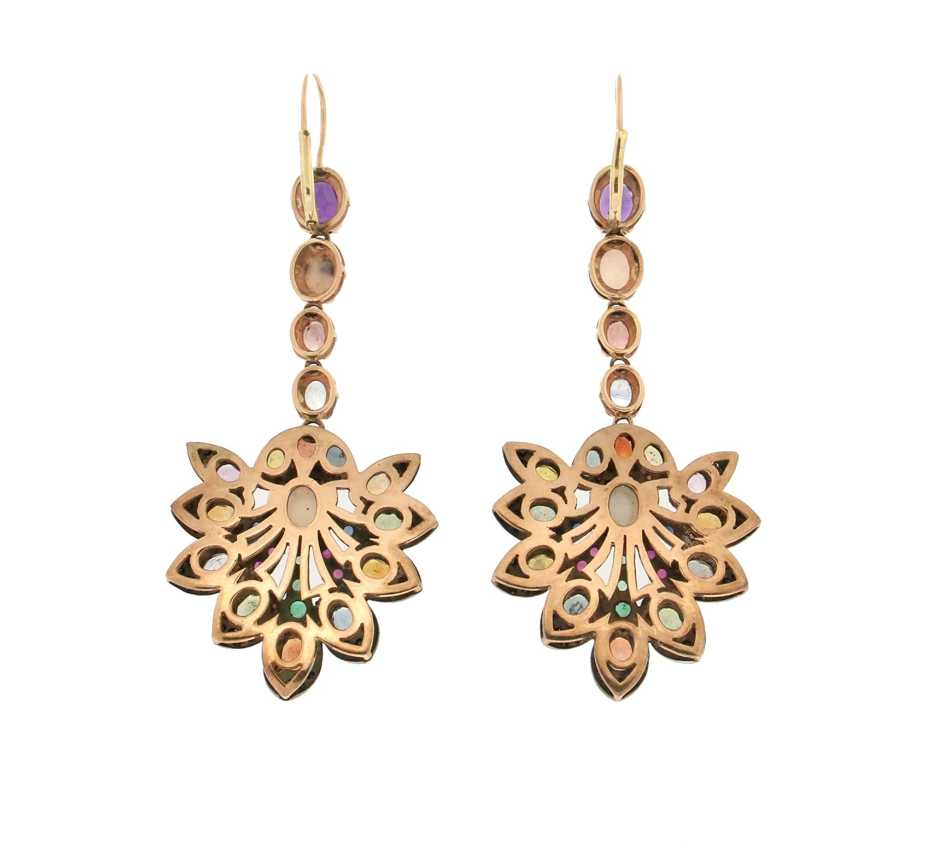 Handcraft Sapphires 14 Karat Yellow Gold Diamonds Drop Earrings In New Condition For Sale In Marcianise, IT
