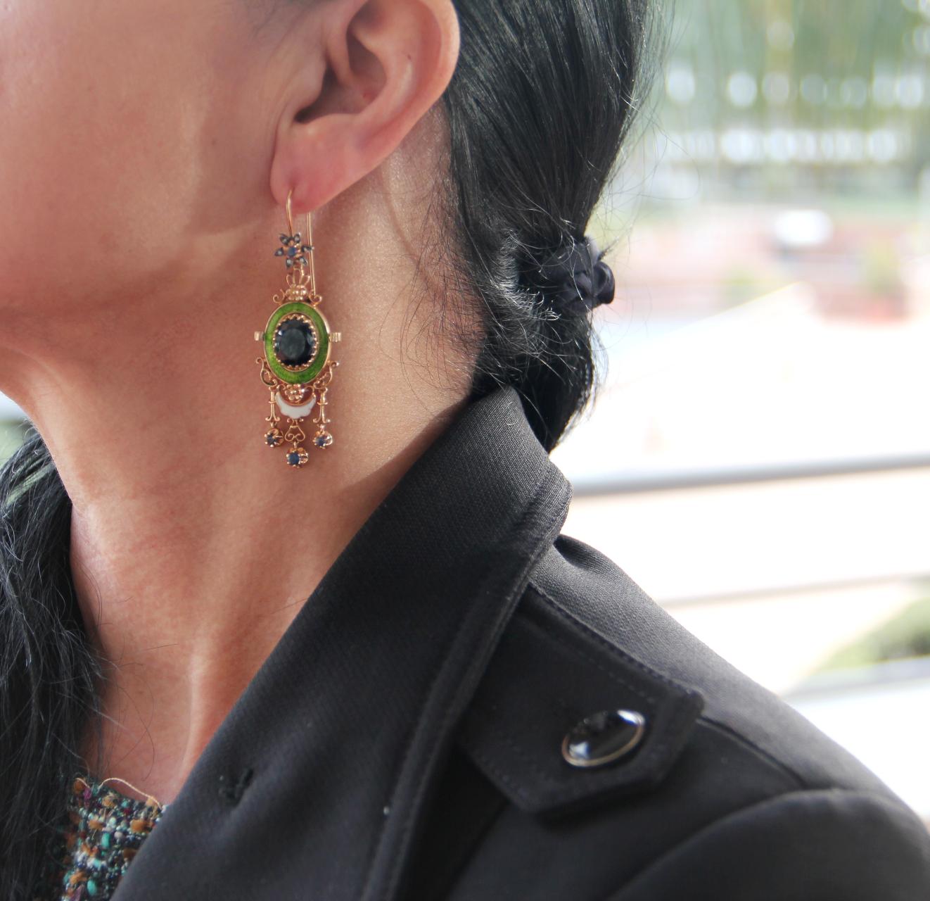 Women's or Men's Handcraft Sapphires 14 Karat Yellow Gold Diamonds Drop Earrings For Sale