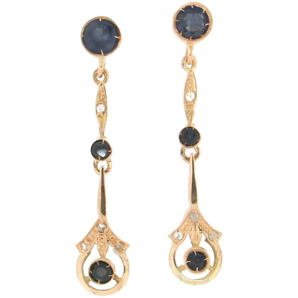 Handcraft Sapphires 14 Karat Yellow Gold Diamonds Drop Earrings