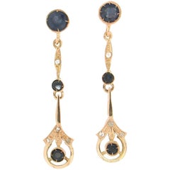 Boucles d'oreilles en goutte artisanales en or jaune 14 carats avec saphirs et diamants