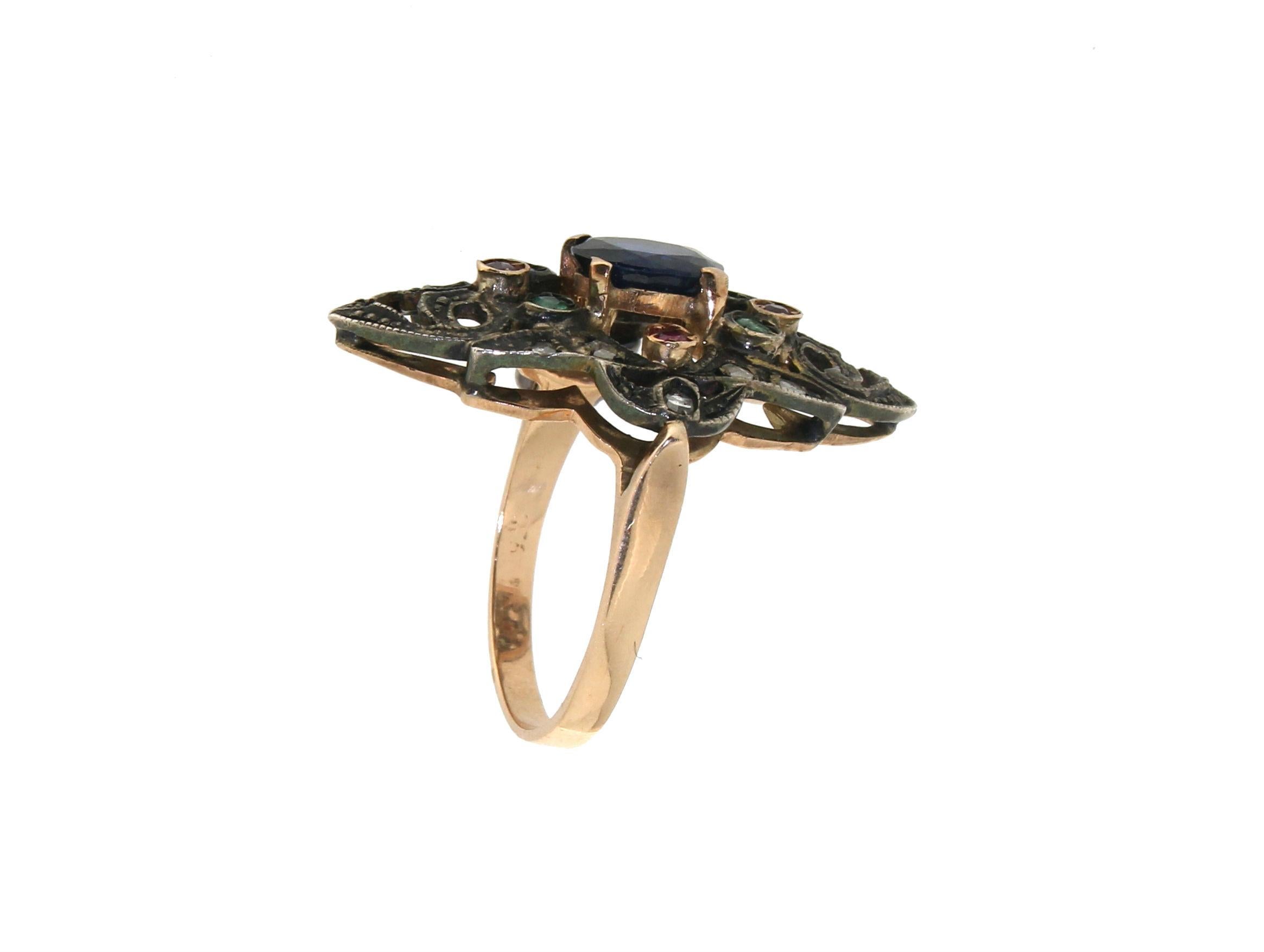 Artisan Handcraft Sapphires 14 Karat Yellow Gold Old Diamonds Cocktail Ring