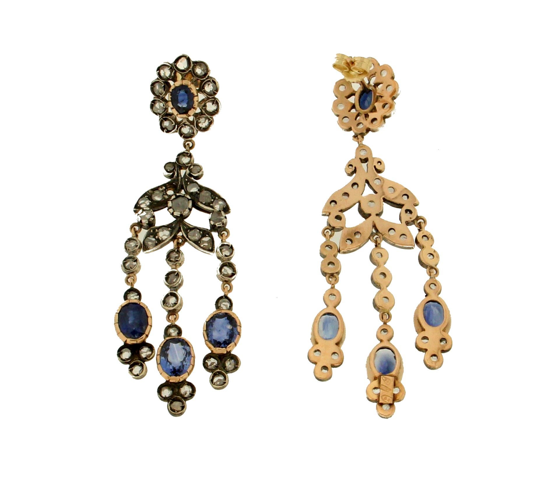 Artisan Handcraft Sapphires 14 Karat Yellow Gold Rose Cut Diamonds Drop Earrings