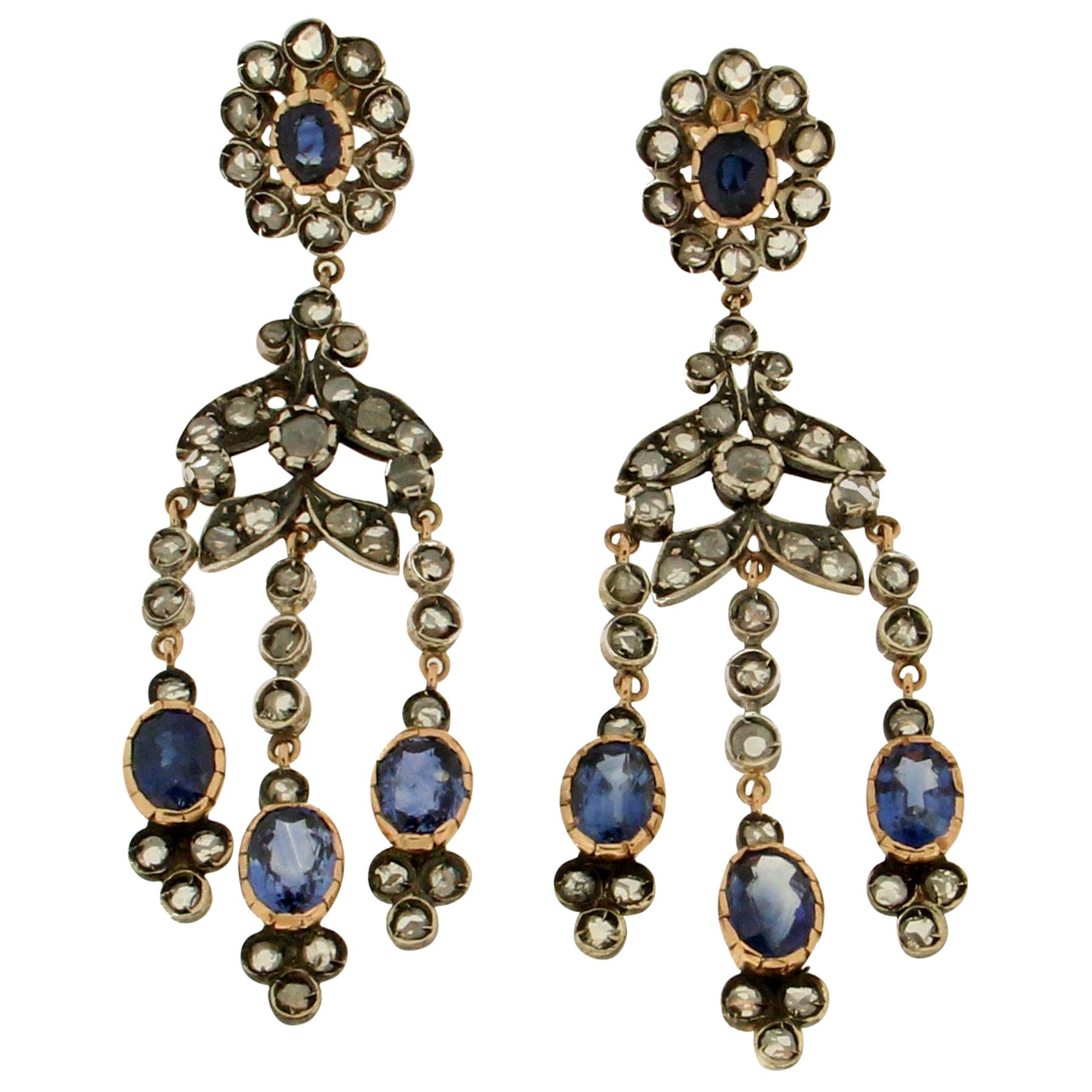 Antique French Cut Sapphire and Pearl Drop Earrings Set in 14 Karat