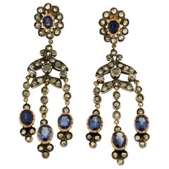 Handcraft Sapphires 14 Karat Yellow Gold Rose Cut Diamonds Drop Earrings