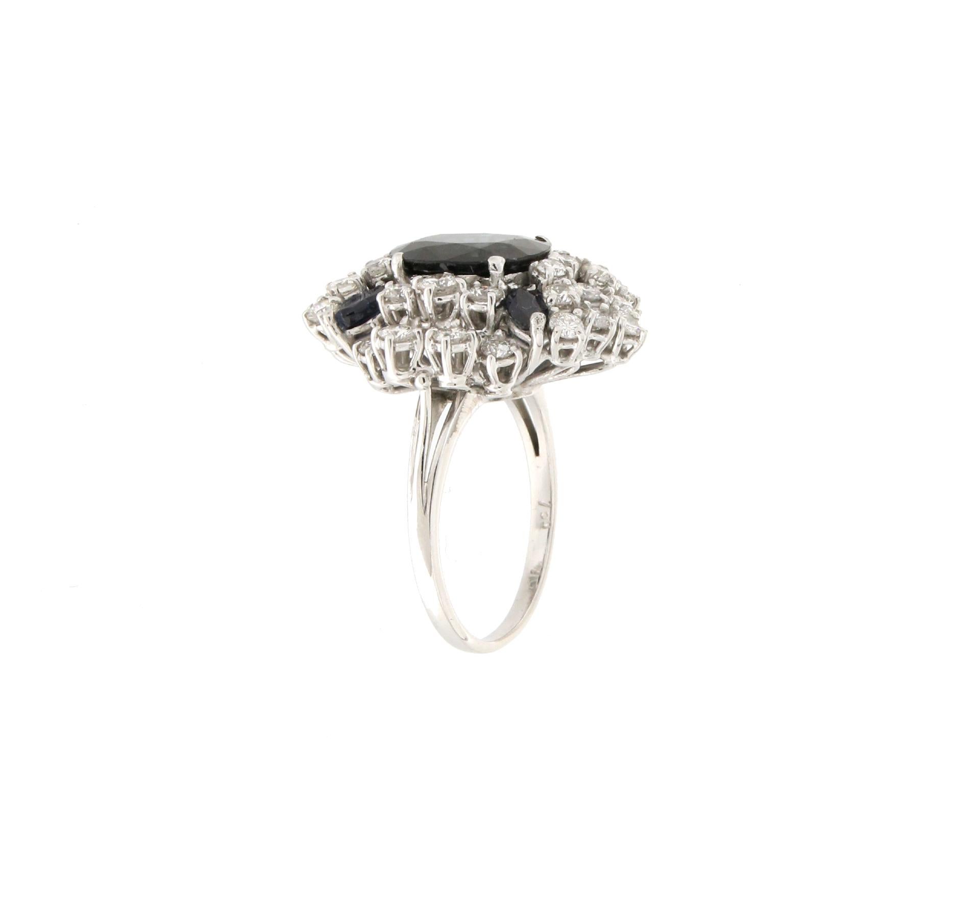 Handcraft Sapphires 18 Karat White Gold Diamonds Cocktail Ring For Sale 6