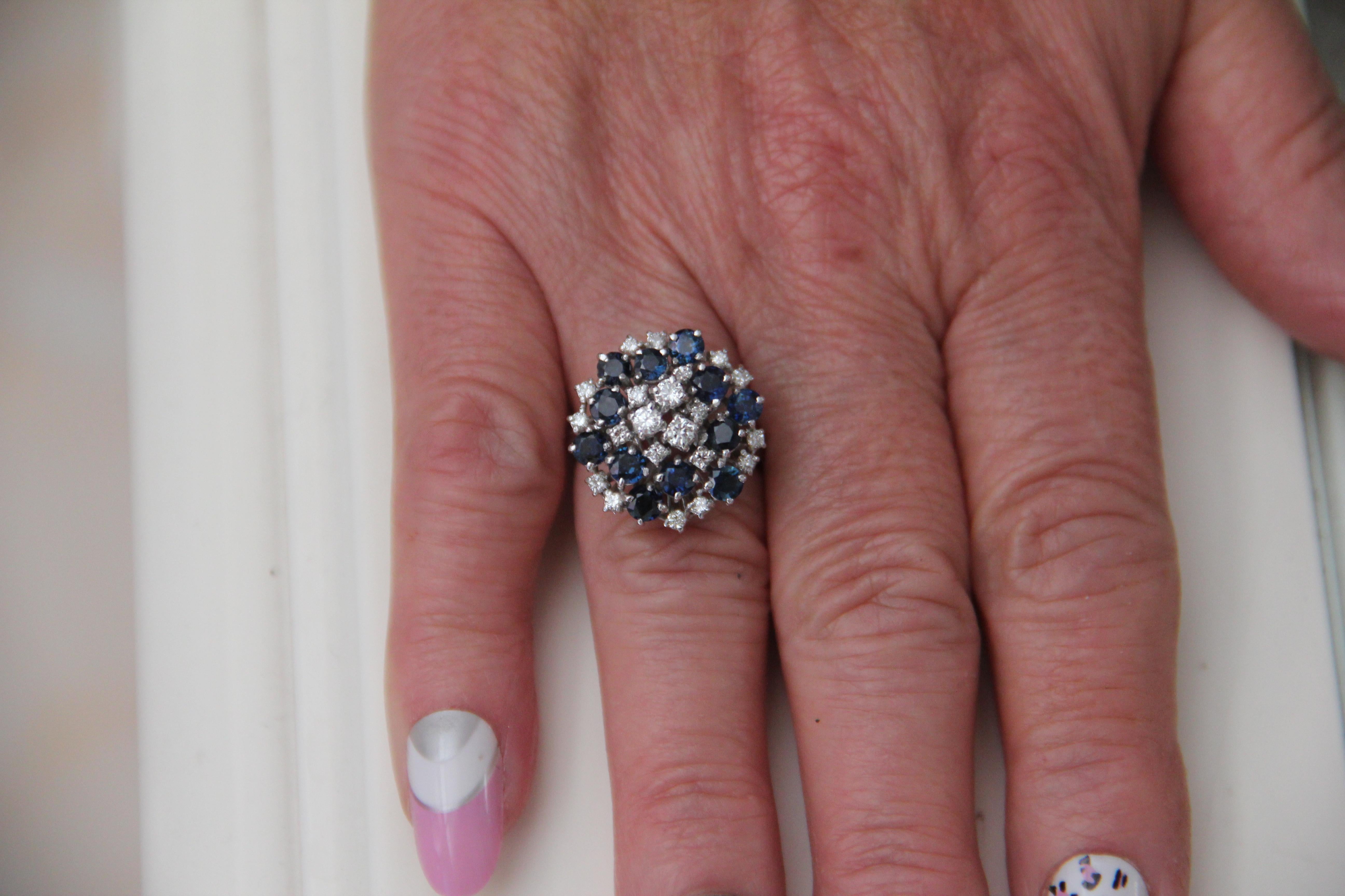 Handcraft Sapphires 18 Karat White Gold Diamonds Cocktail Ring For Sale 7