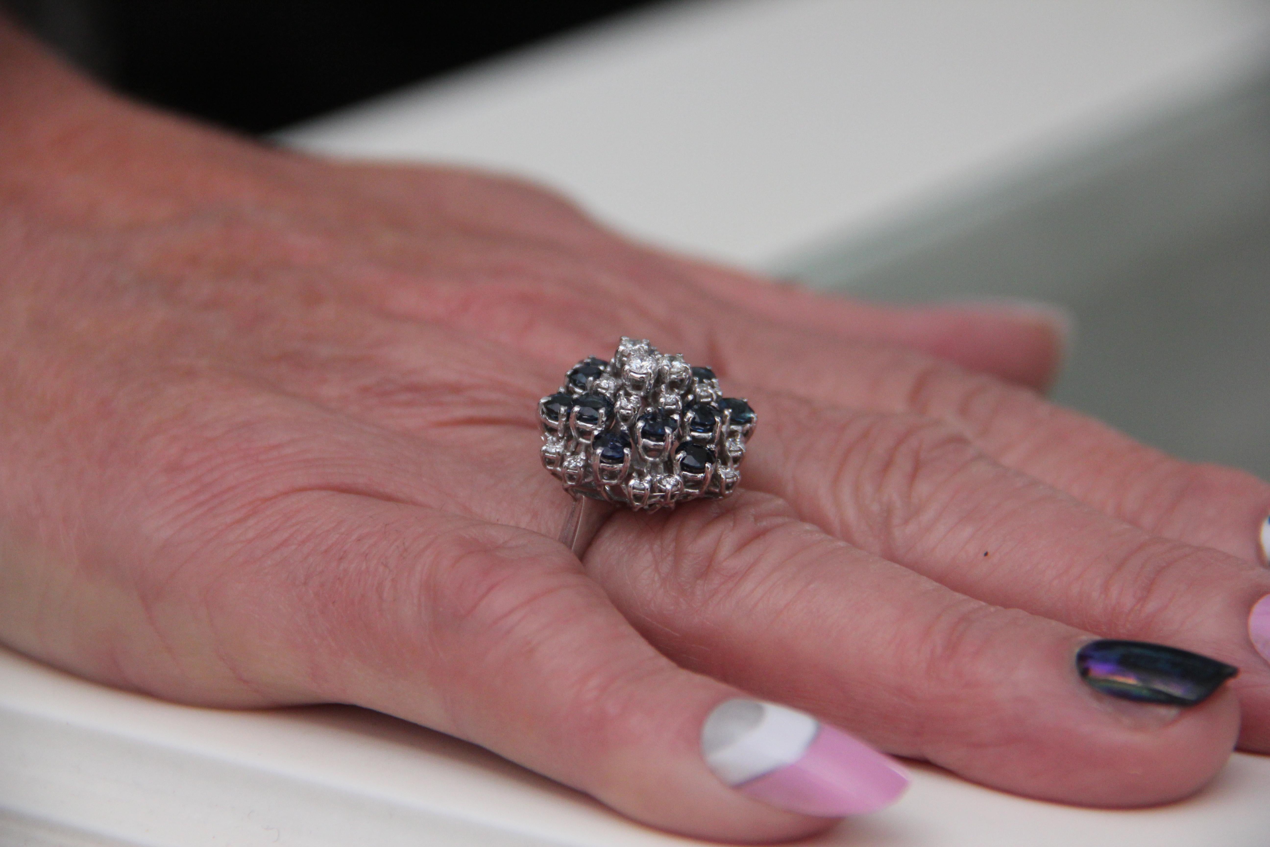Handcraft Sapphires 18 Karat White Gold Diamonds Cocktail Ring For Sale 9