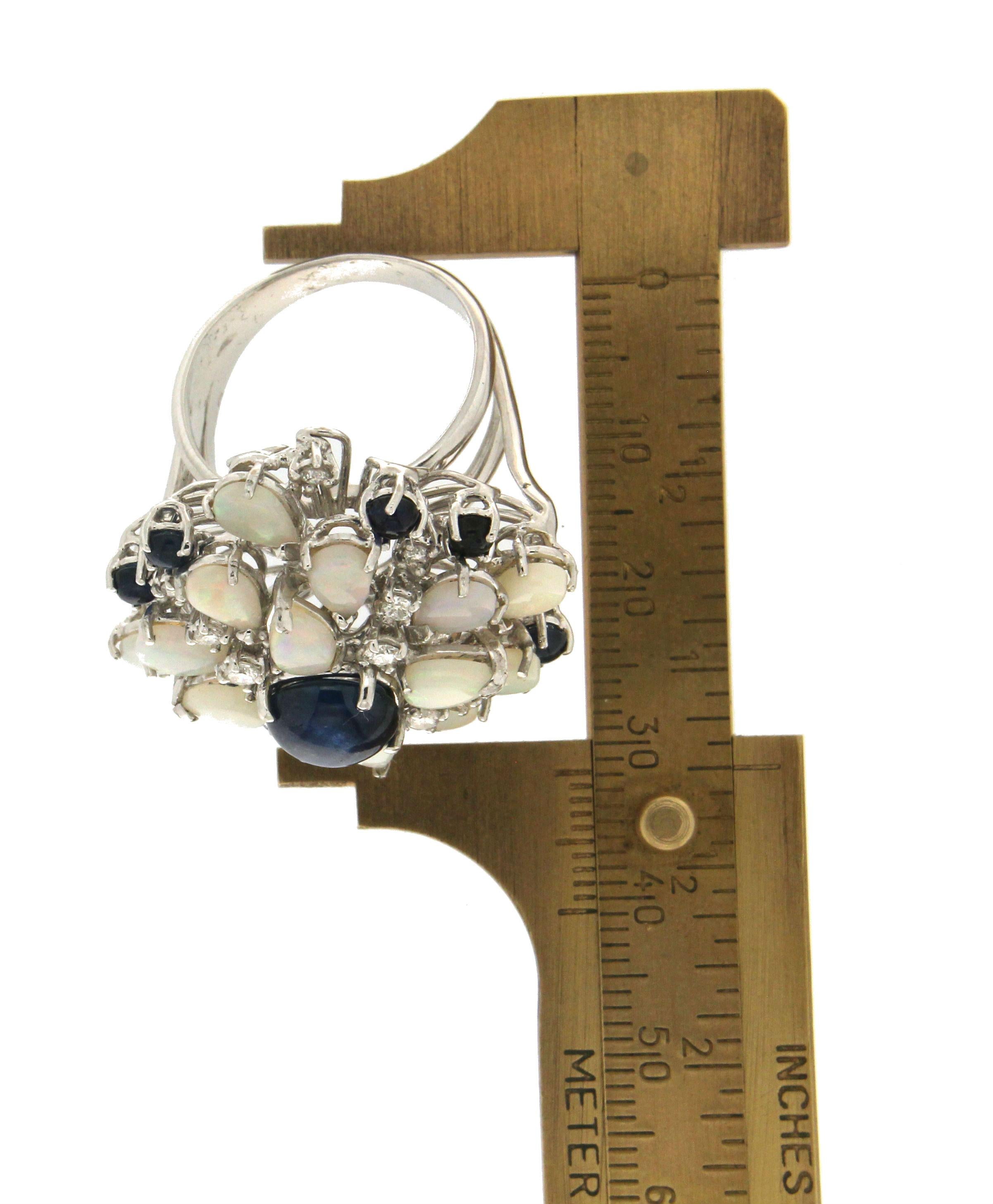 Handcraft Sapphires 18 Karat White Gold Diamonds Opal Cocktail Ring For Sale 4