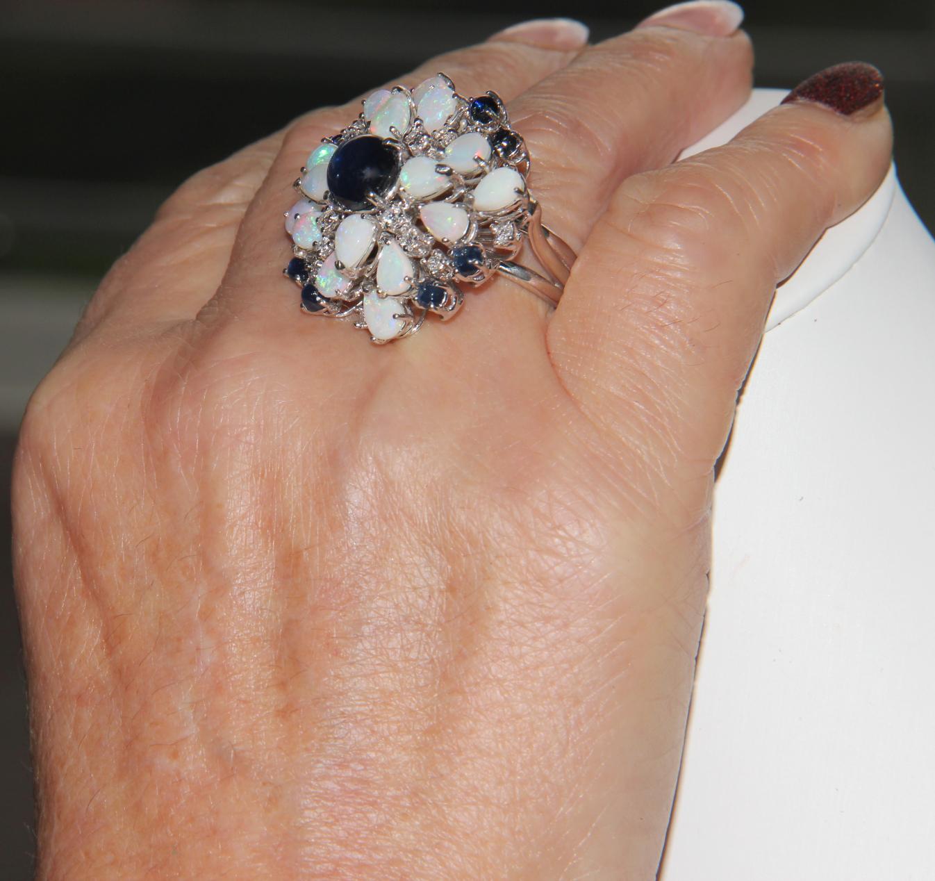 Handcraft Sapphires 18 Karat White Gold Diamonds Opal Cocktail Ring For Sale 7