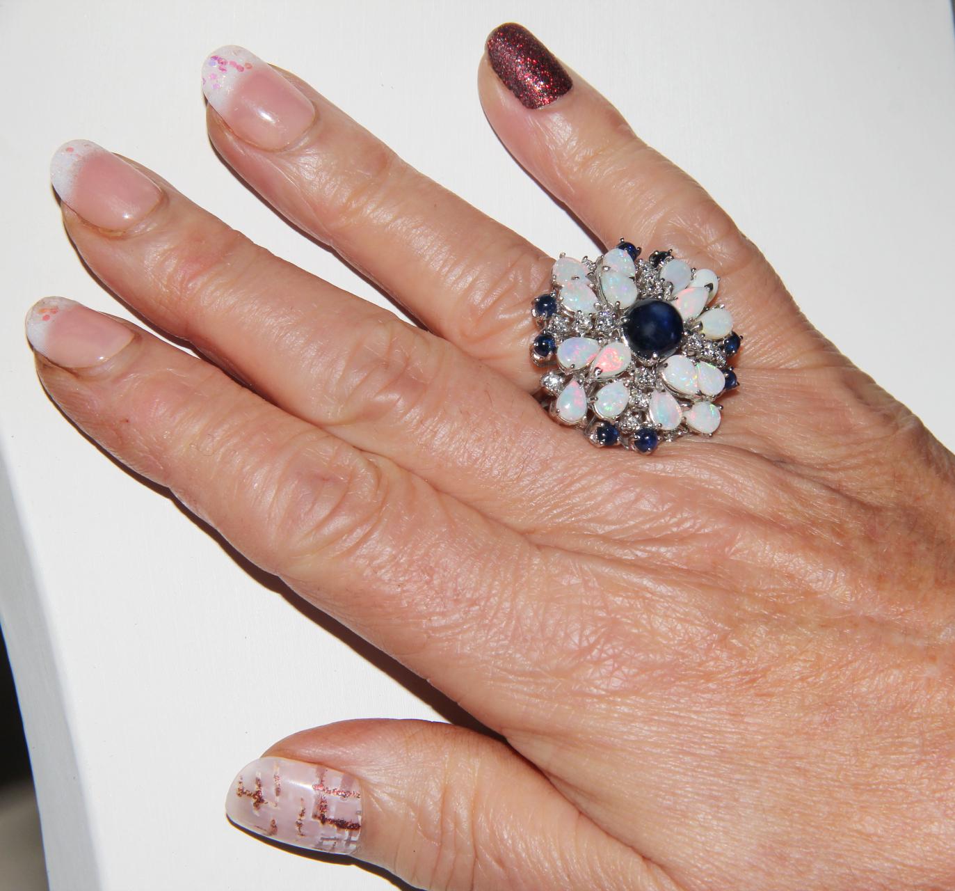 Handcraft Sapphires 18 Karat White Gold Diamonds Opal Cocktail Ring For Sale 8