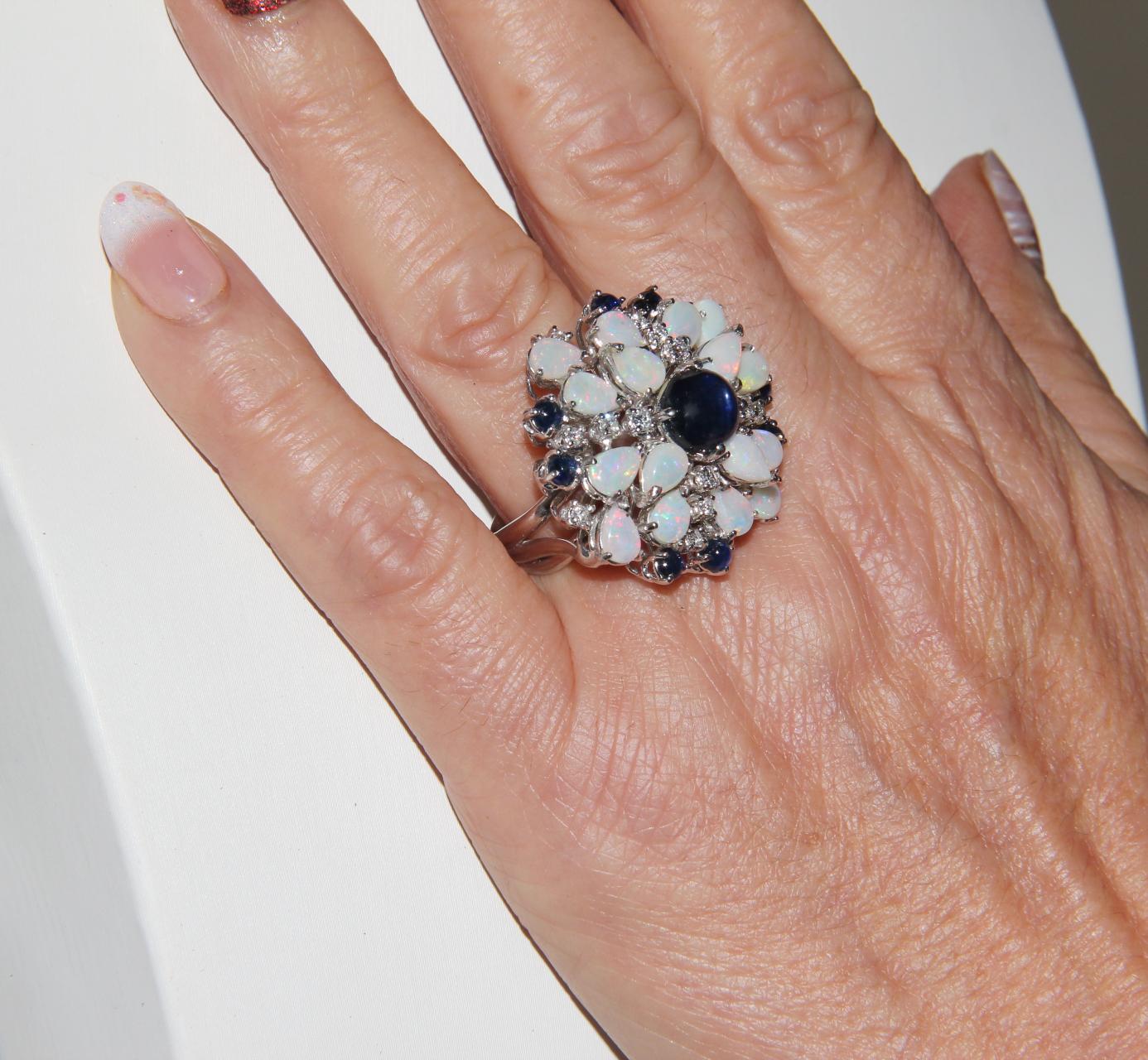 Handcraft Sapphires 18 Karat White Gold Diamonds Opal Cocktail Ring For Sale 9