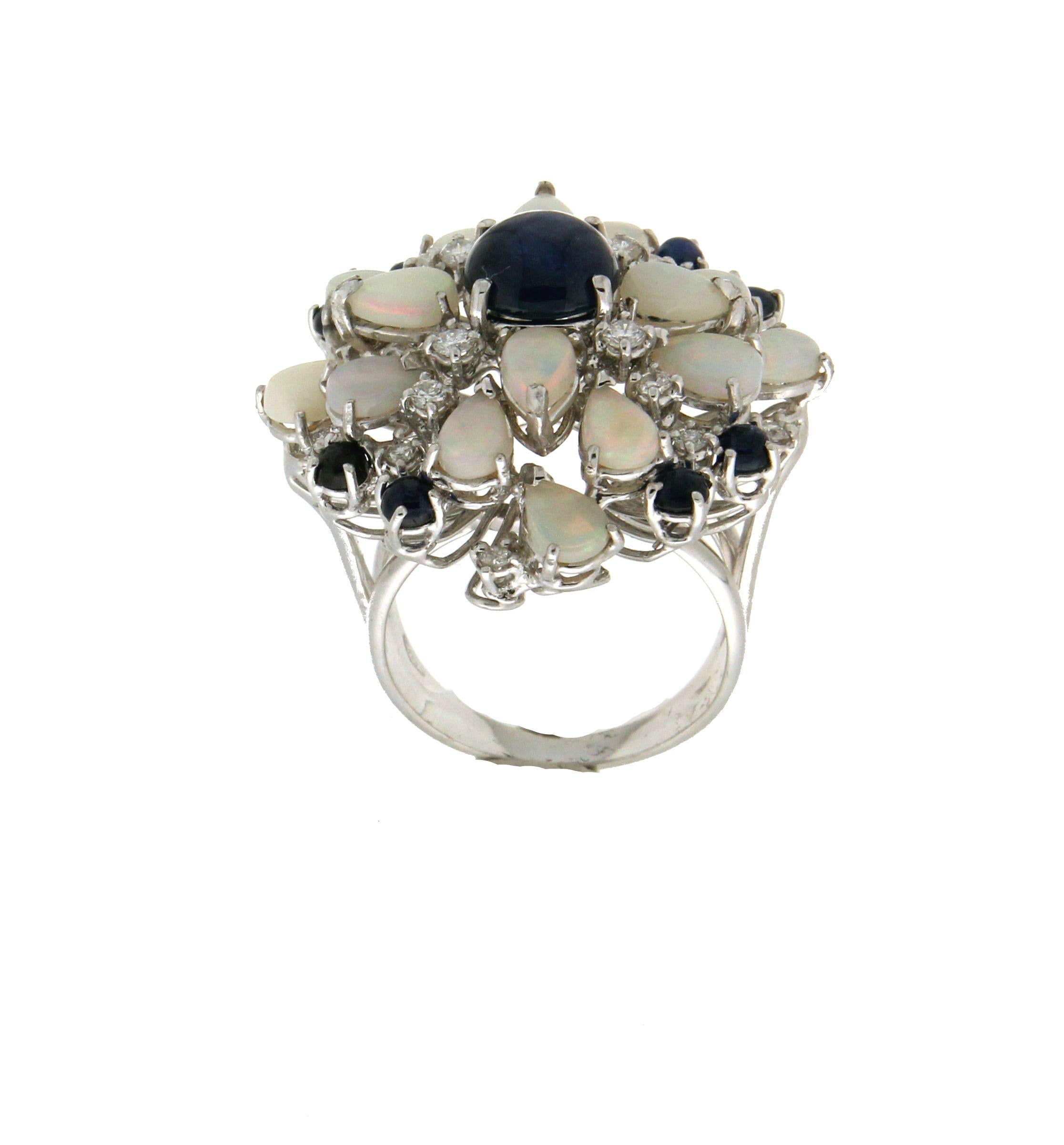 Artisan Handcraft Sapphires 18 Karat White Gold Diamonds Opal Cocktail Ring For Sale