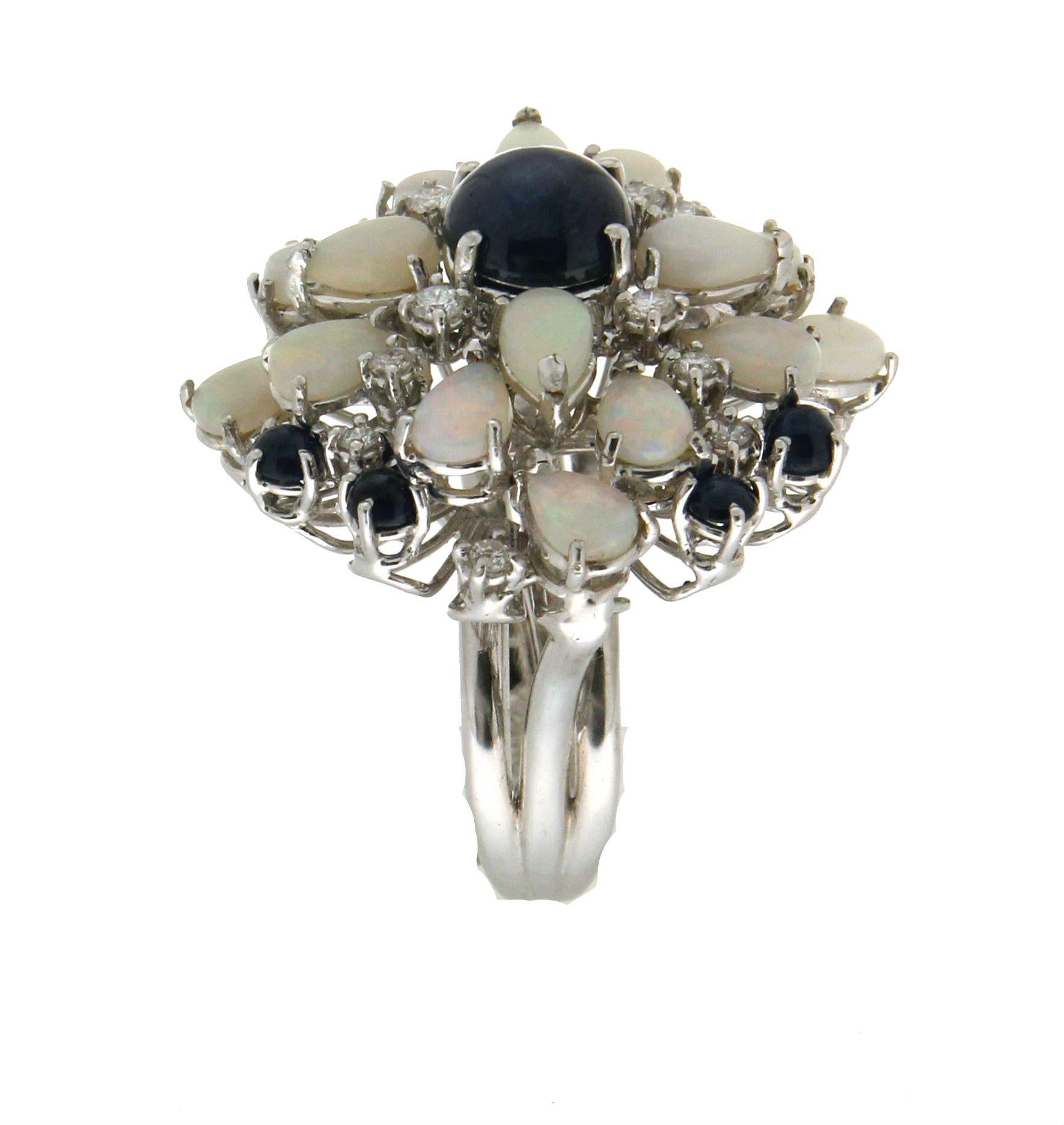 Women's Handcraft Sapphires 18 Karat White Gold Diamonds Opal Cocktail Ring For Sale