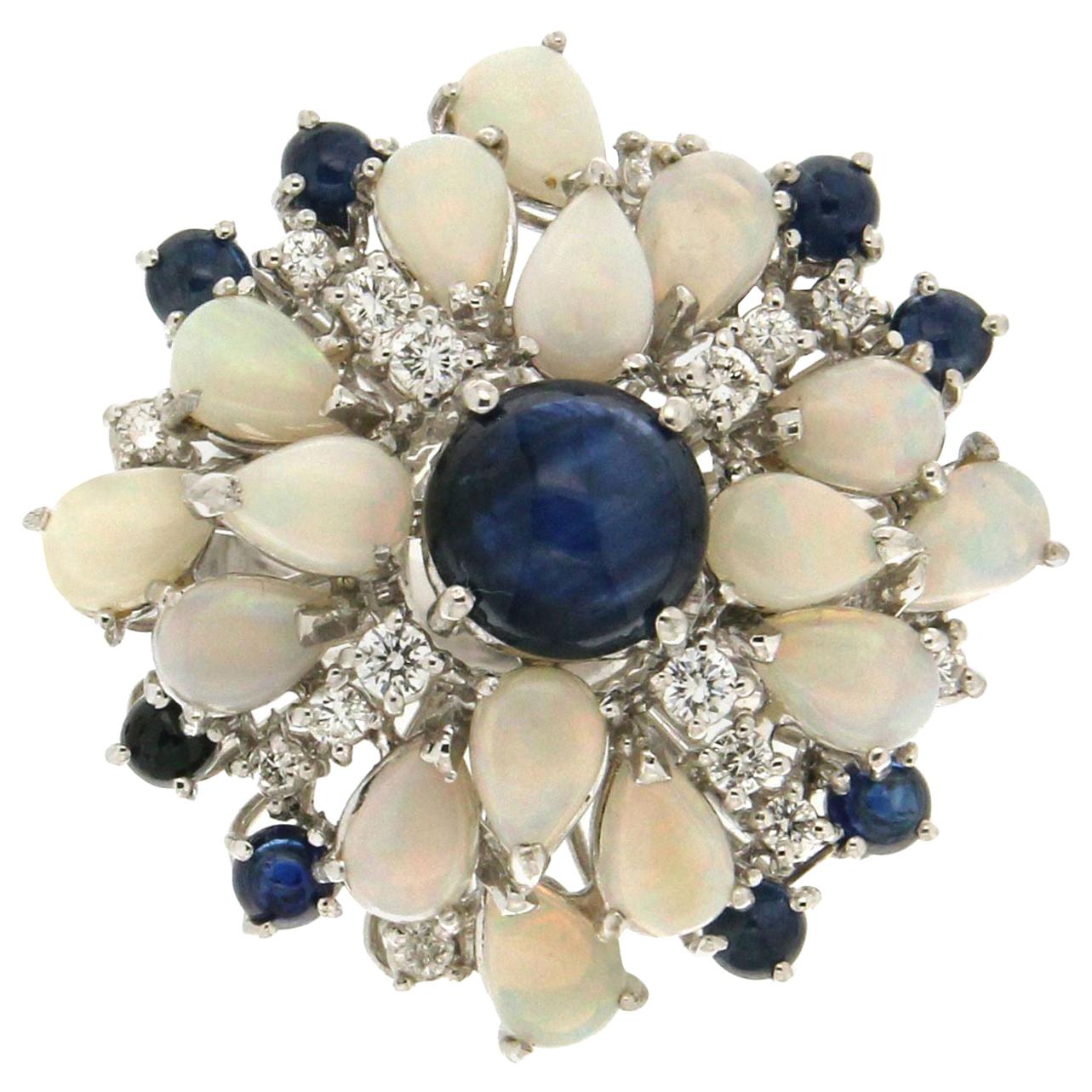 Handcraft Sapphires 18 Karat White Gold Diamonds Opal Cocktail Ring For Sale