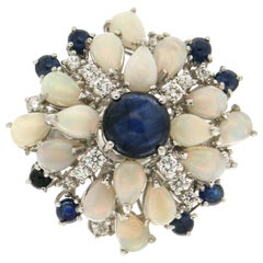 Handcraft Sapphires 18 Karat White Gold Diamonds Opal Cocktail Ring