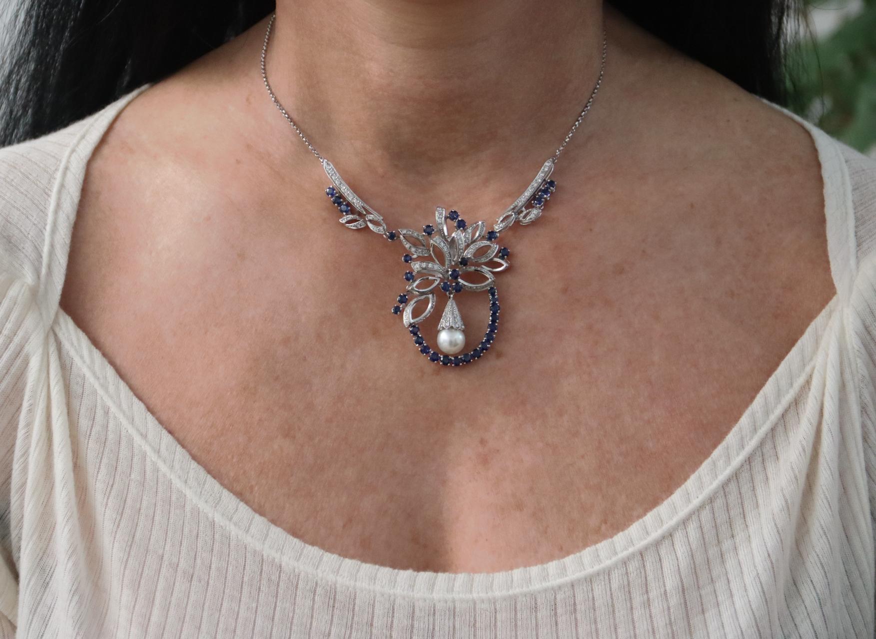 Handcraft Sapphires 18 Karat White Gold Diamonds Pearl Pendant Necklace For Sale 4