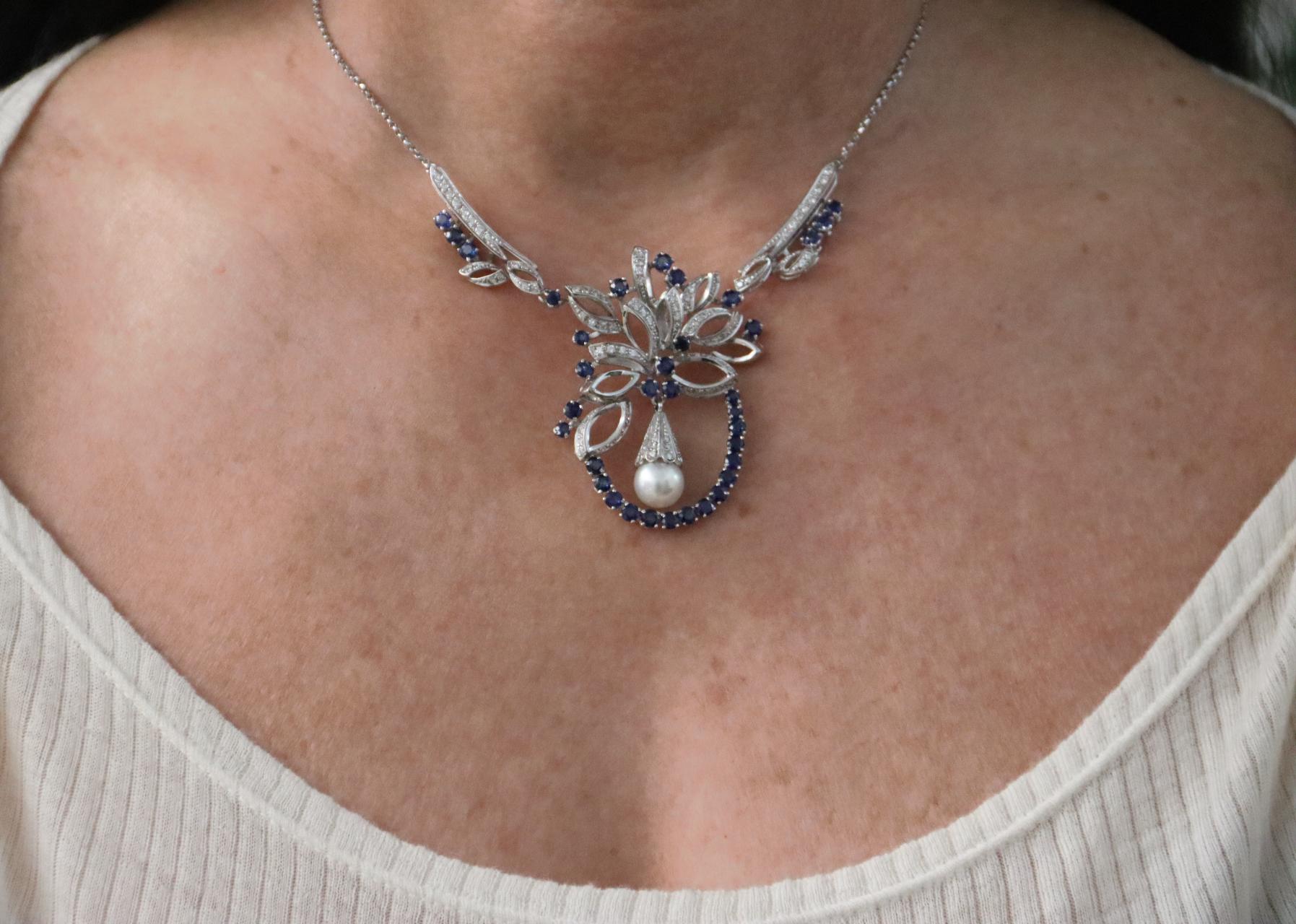 Handcraft Sapphires 18 Karat White Gold Diamonds Pearl Pendant Necklace For Sale 5
