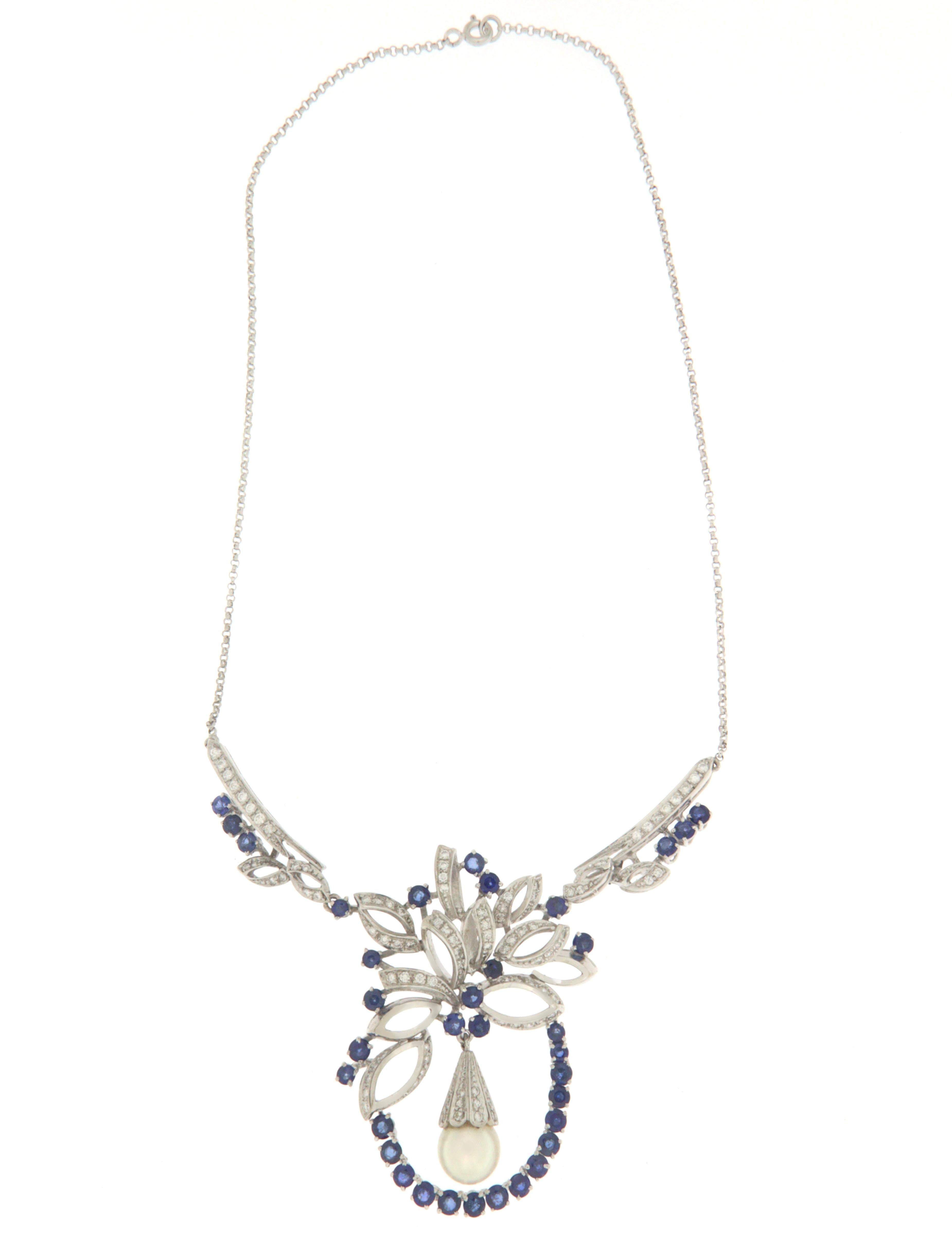 Artisan Handcraft Sapphires 18 Karat White Gold Diamonds Pearl Pendant Necklace For Sale