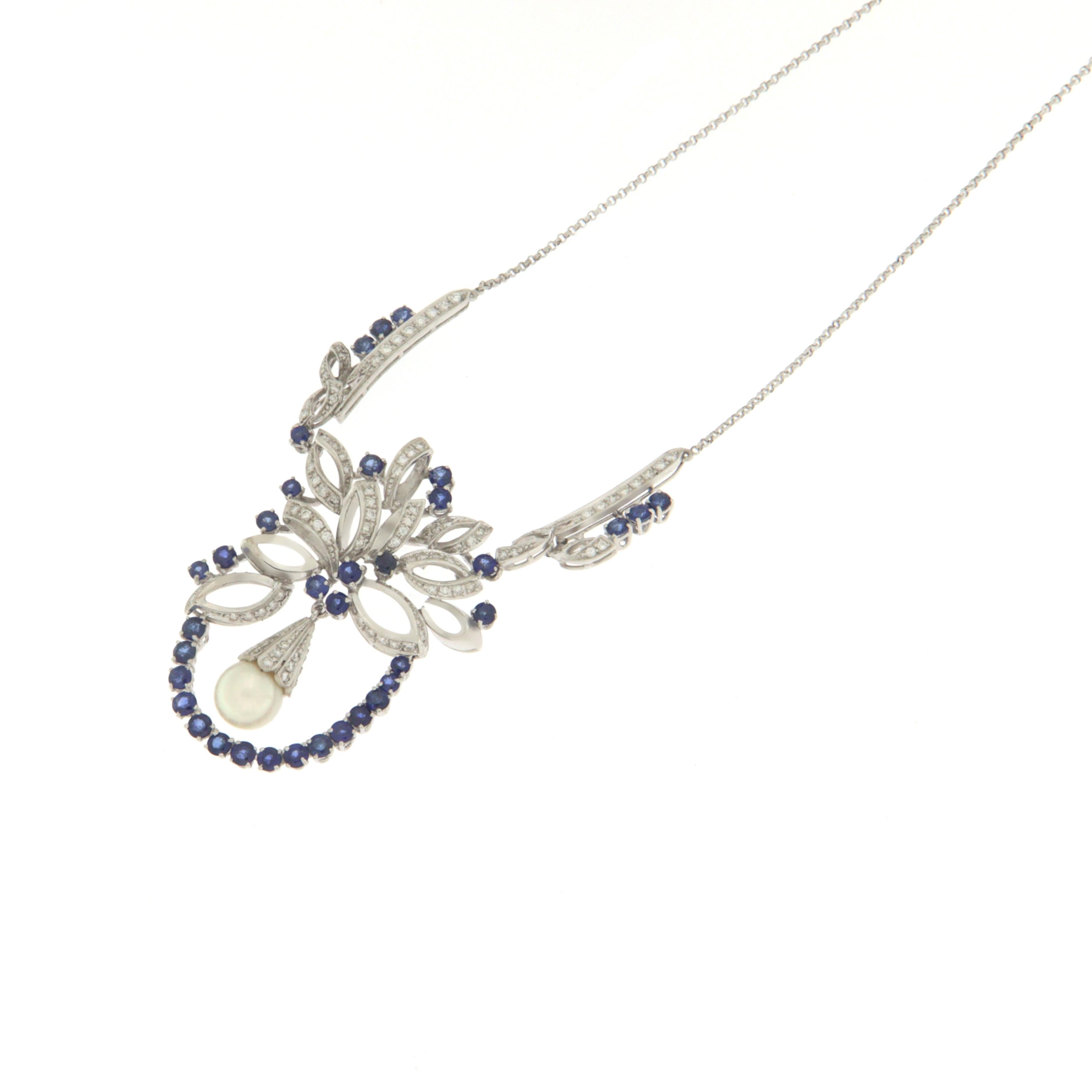 Brilliant Cut Handcraft Sapphires 18 Karat White Gold Diamonds Pearl Pendant Necklace For Sale