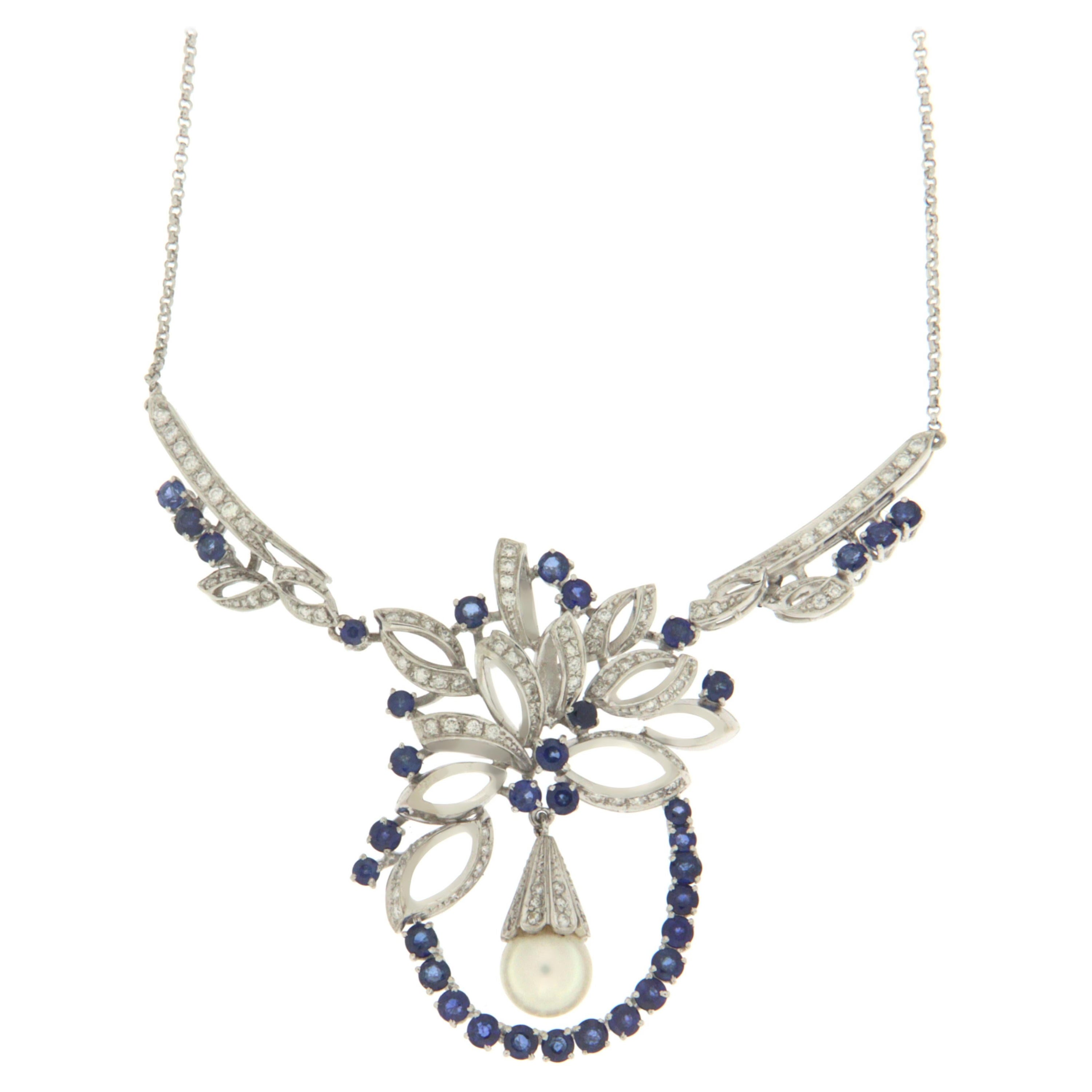 Collier à pendentifs en or blanc 18 carats diamants perles saphirs Handcraft