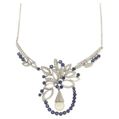 Collar Colgante Artesanal Zafiros 18 Kilates Oro Blanco Diamantes Perlas