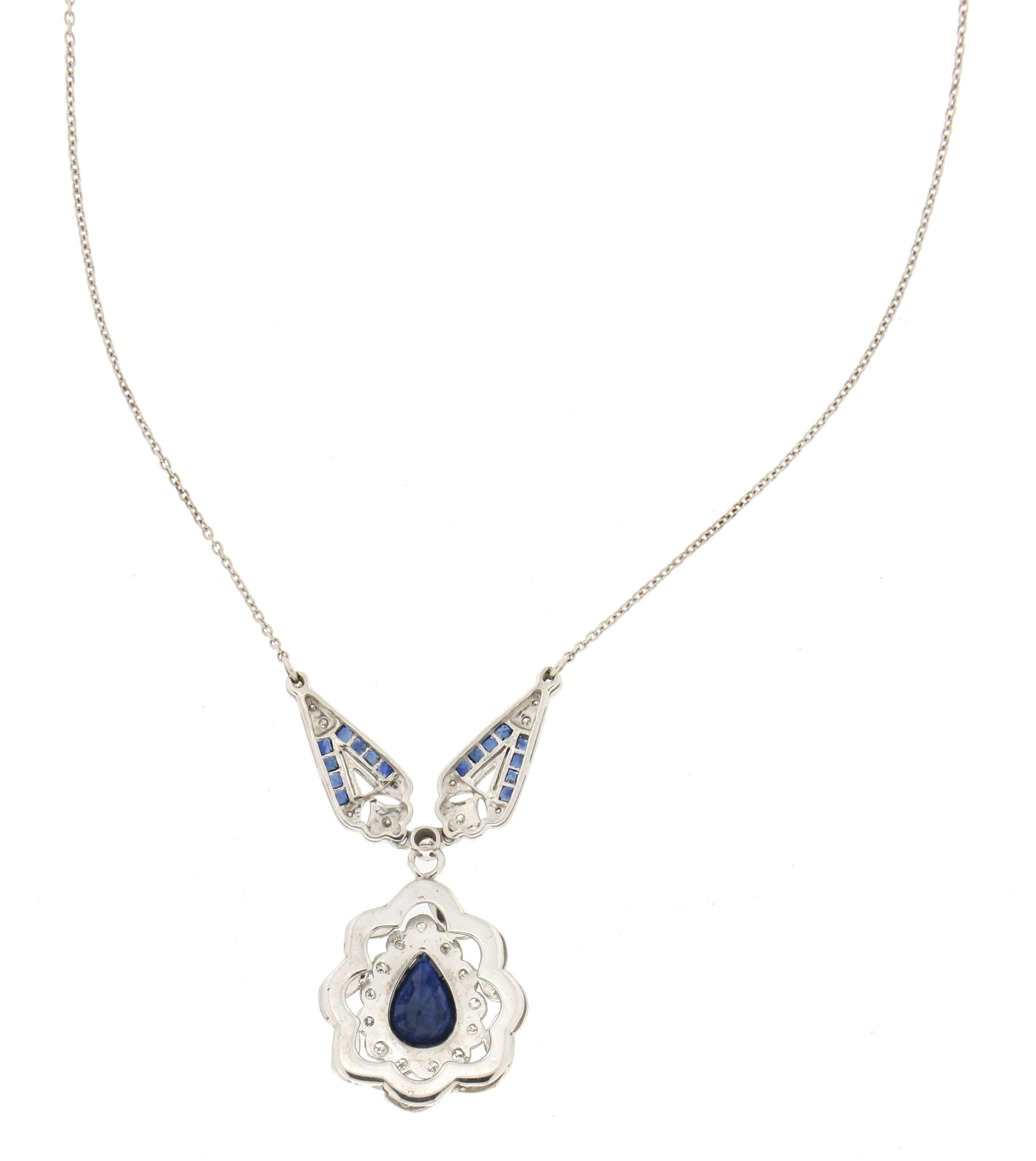 Artisan Handcraft Sapphires 18 Karat White Gold Diamonds Pendant Necklace