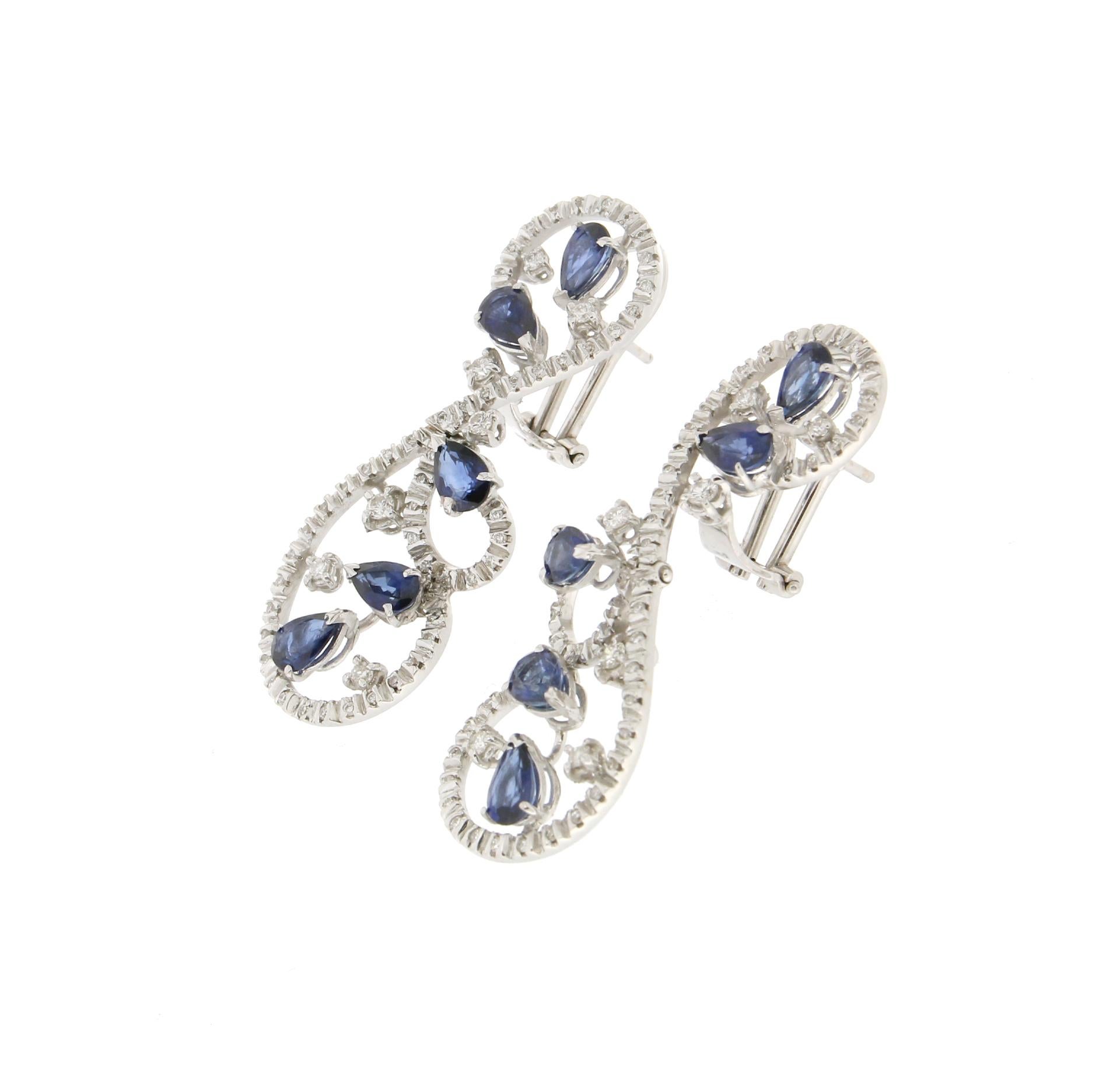 Artisan Handcraft Sapphires 18 Karat White Gold Diamonds Stud Earrings For Sale