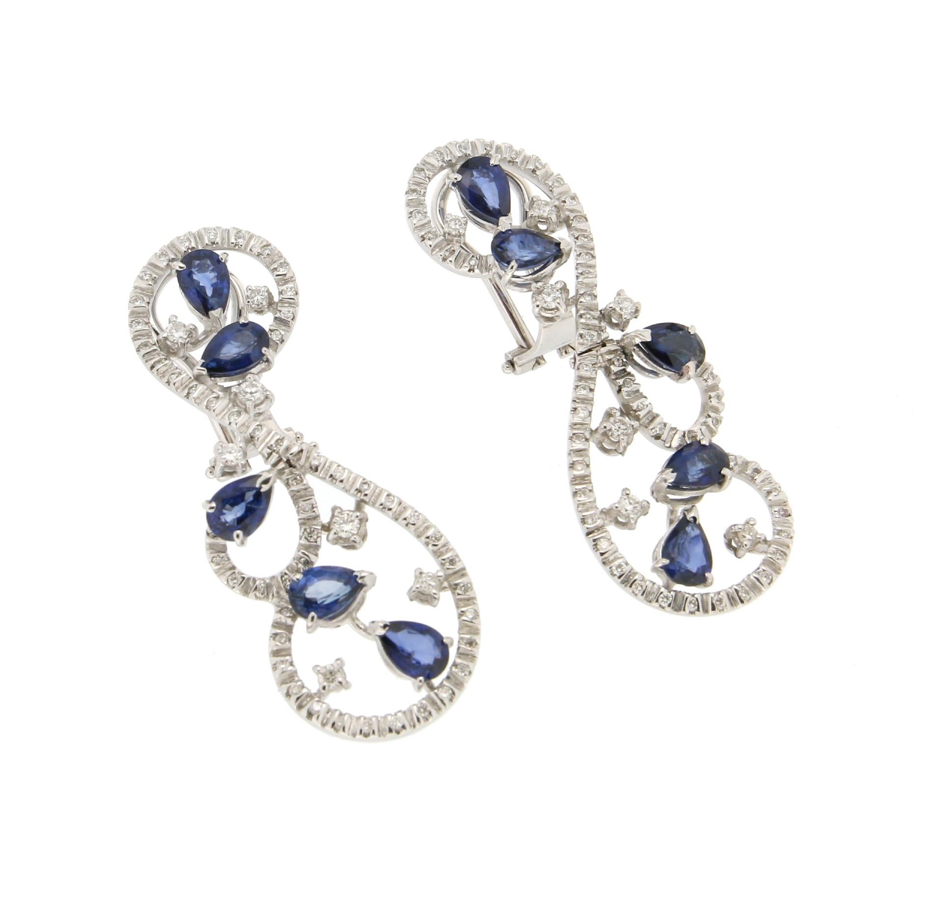 Brilliant Cut Handcraft Sapphires 18 Karat White Gold Diamonds Stud Earrings For Sale