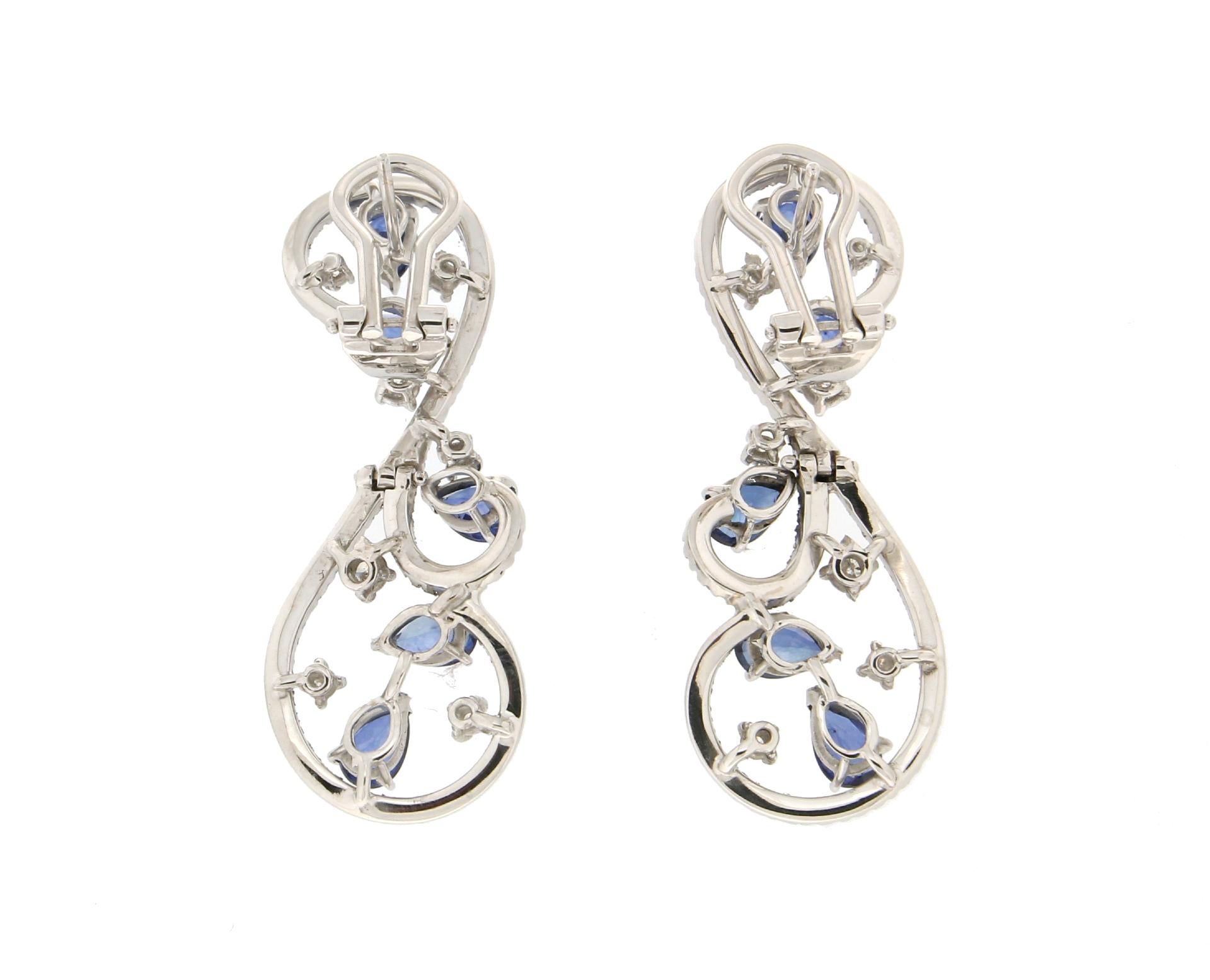 Handcraft Sapphires 18 Karat White Gold Diamonds Stud Earrings In New Condition In Marcianise, IT