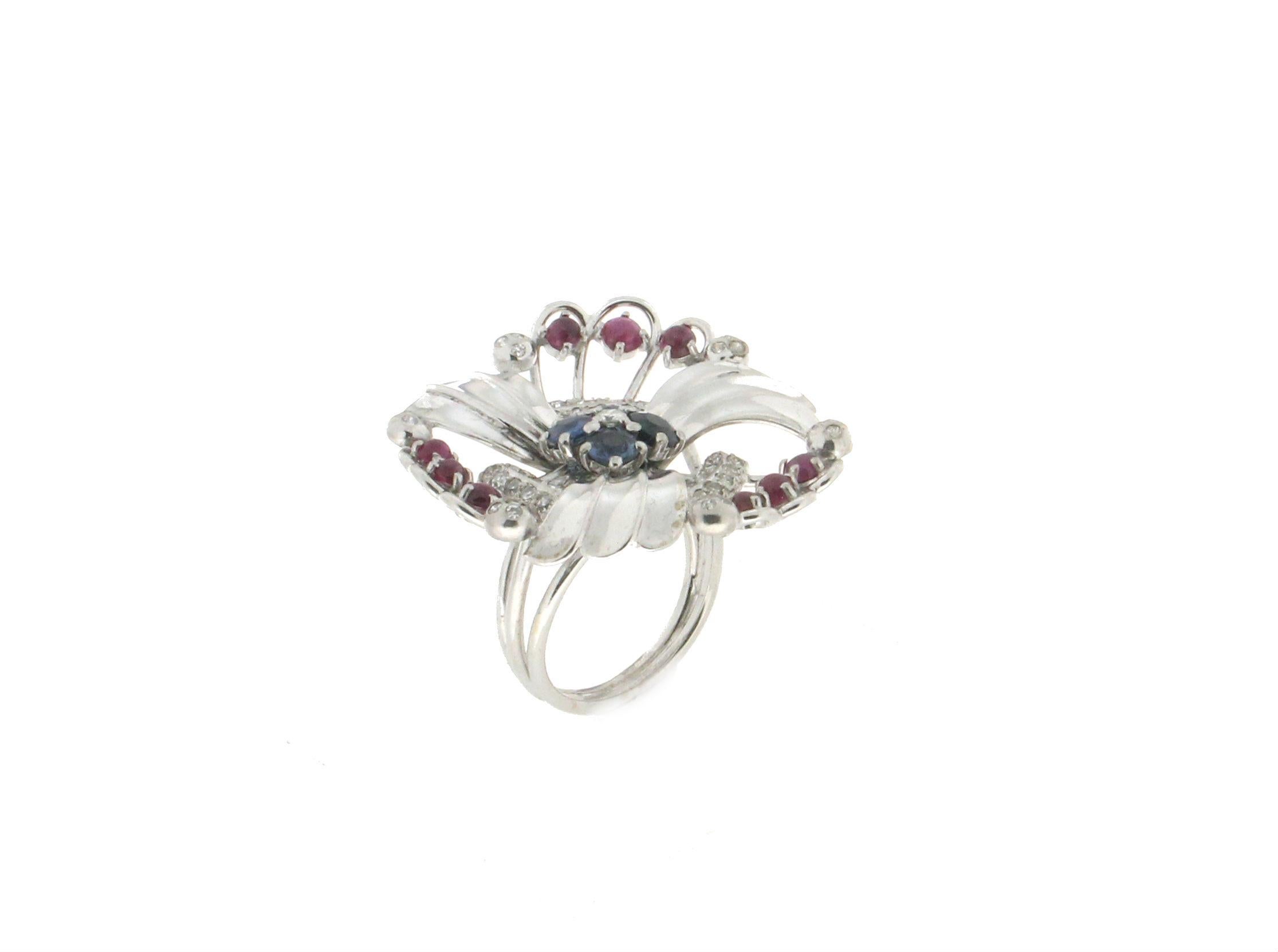 Round Cut Handcraft Sapphires 18 Karat White Gold Ruby Diamonds Cocktail Ring For Sale